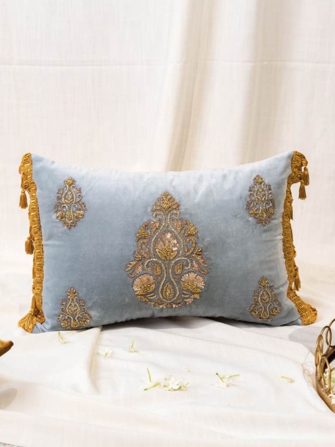 

ALCOVE Blue & Gold Toned 2 Pieces Ethnic Motifs Zari Velvet Rectangle Cushion Covers