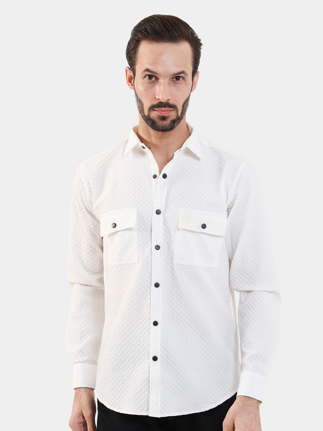 

BOTABOCHI Men Classic Spread Collar Textured Cotton Relaxed Fit Party Shirt, White