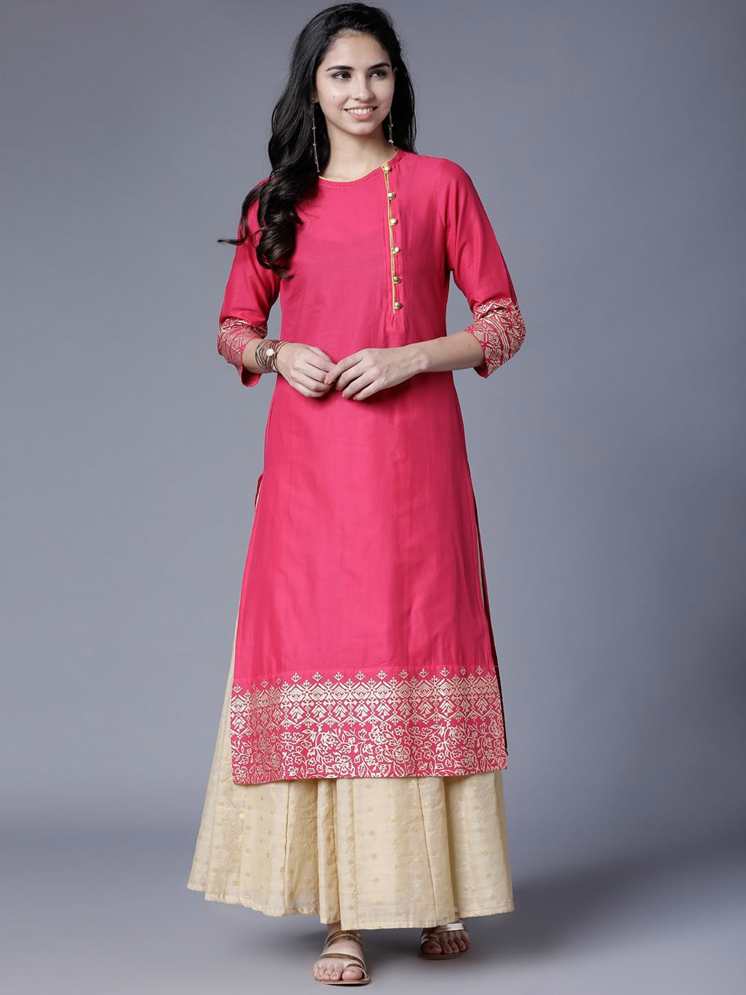 

Vishudh Ethnic Motifs Printed Round Neck Cotton Straight Kurta, Pink