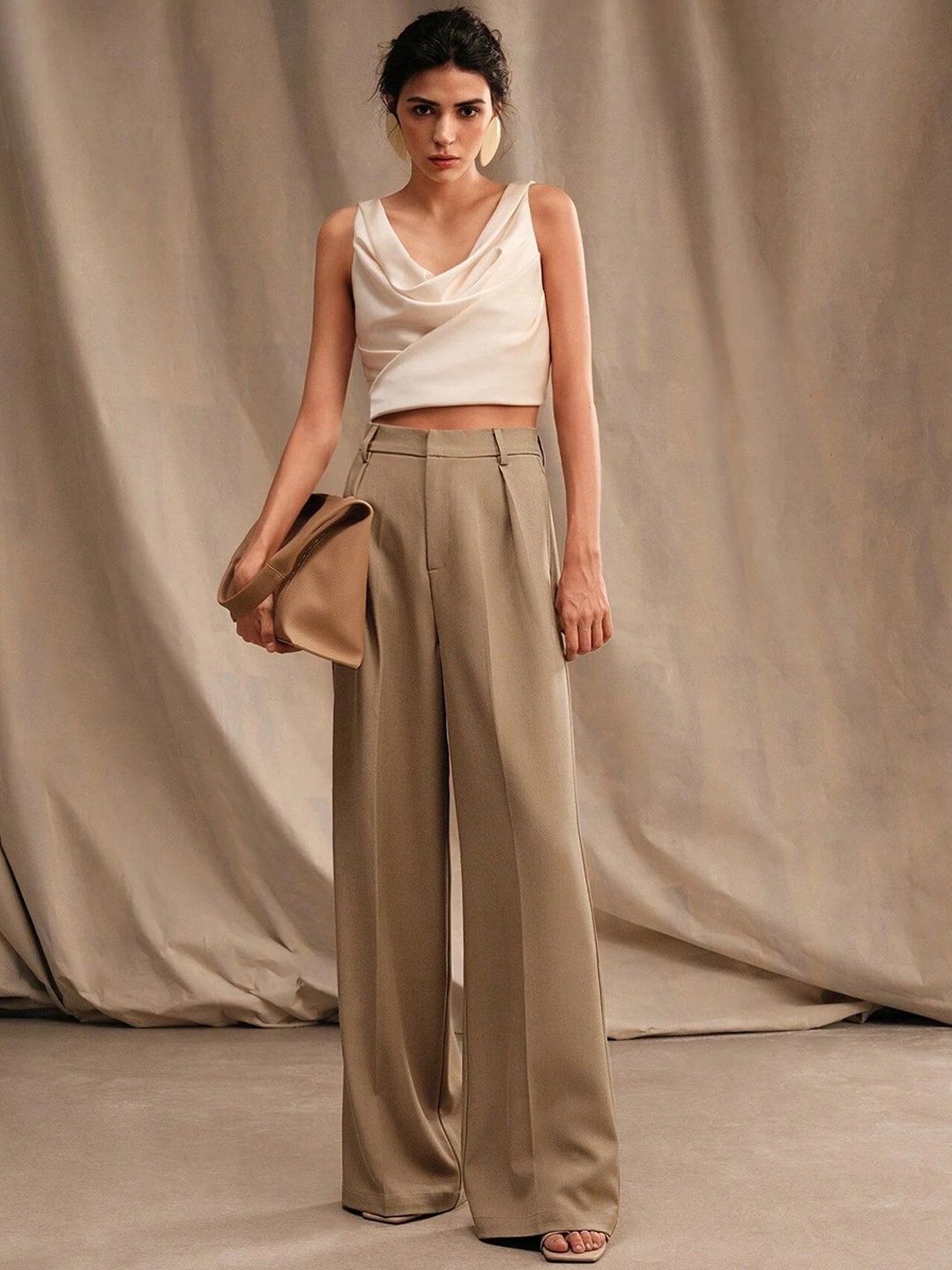 

FNOCKS Women Smart Straight Fit High-Rise Pleated Wide Leg Trousers, Khaki