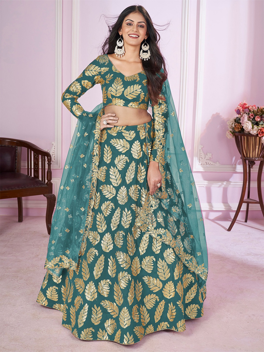 

FABPIXEL Embroidered Sequinned Semi-Stitched Lehenga & Unstitched Blouse With Dupatta, Teal