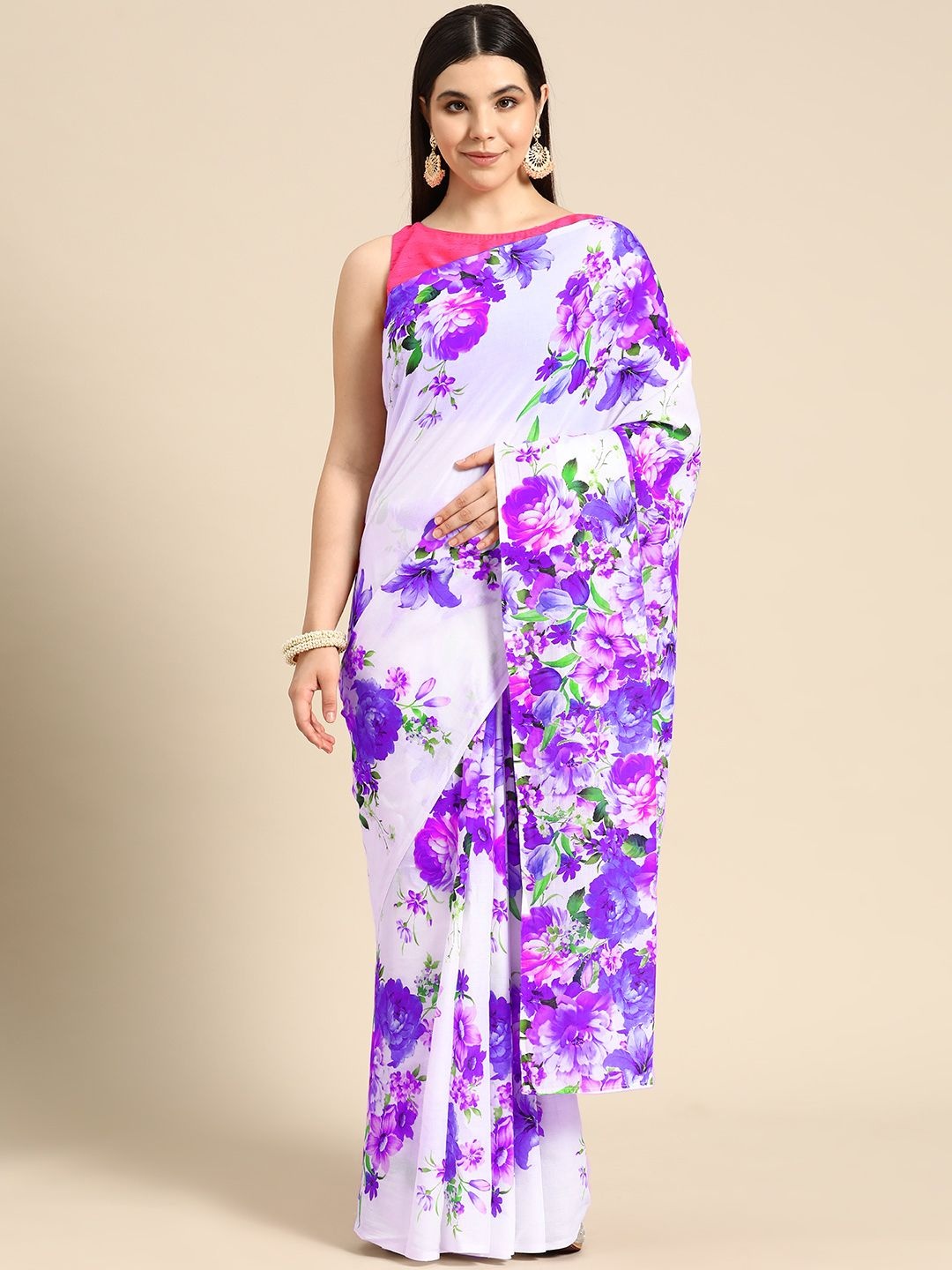 

BUTA BUTI Floral Pure Cotton Saree, Purple
