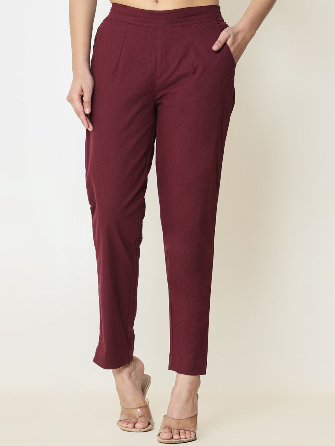 

Cloth Bites Women Easy Wash Regular Trousers, Maroon