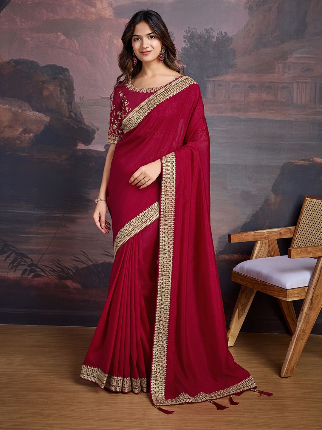 

House of Pataudi Ethnic Motifs Embroidered Sequinned Saree, Maroon