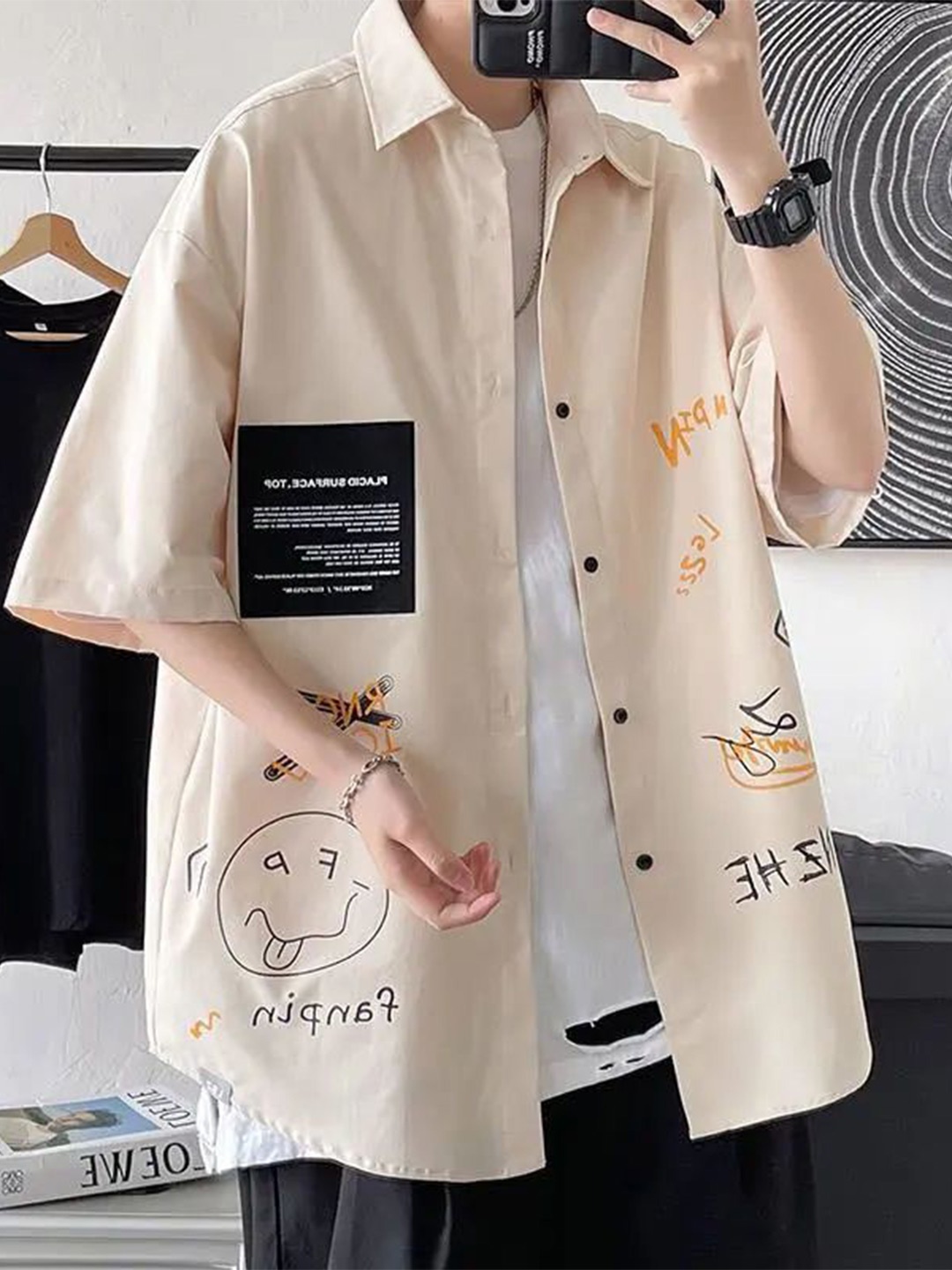 

StyleCast Men Spread Collar Typography Printed Boxy Casual Shirt, Cream