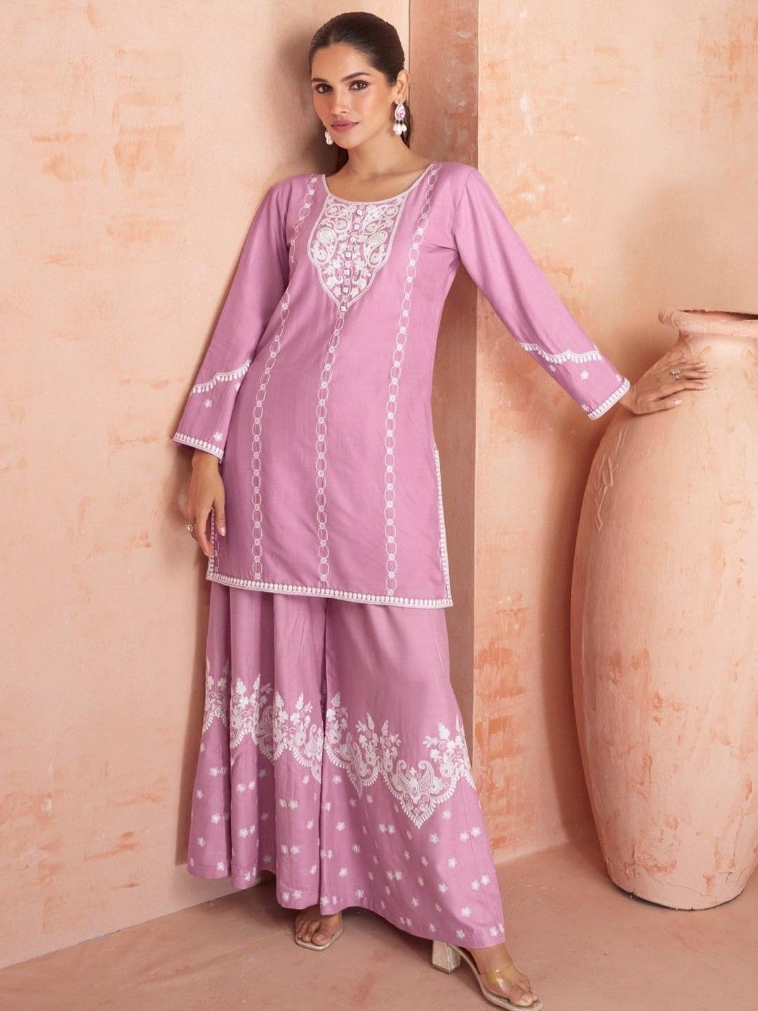 

AUTUMN LANE Floral Embroidered Pure Cotton Tunic With Palazzo, Purple