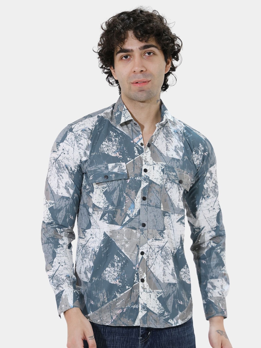 

BOTABOCHI Men Classic Spread Collar Abstract Printed Cotton Slim Fit Party Shirt, Grey