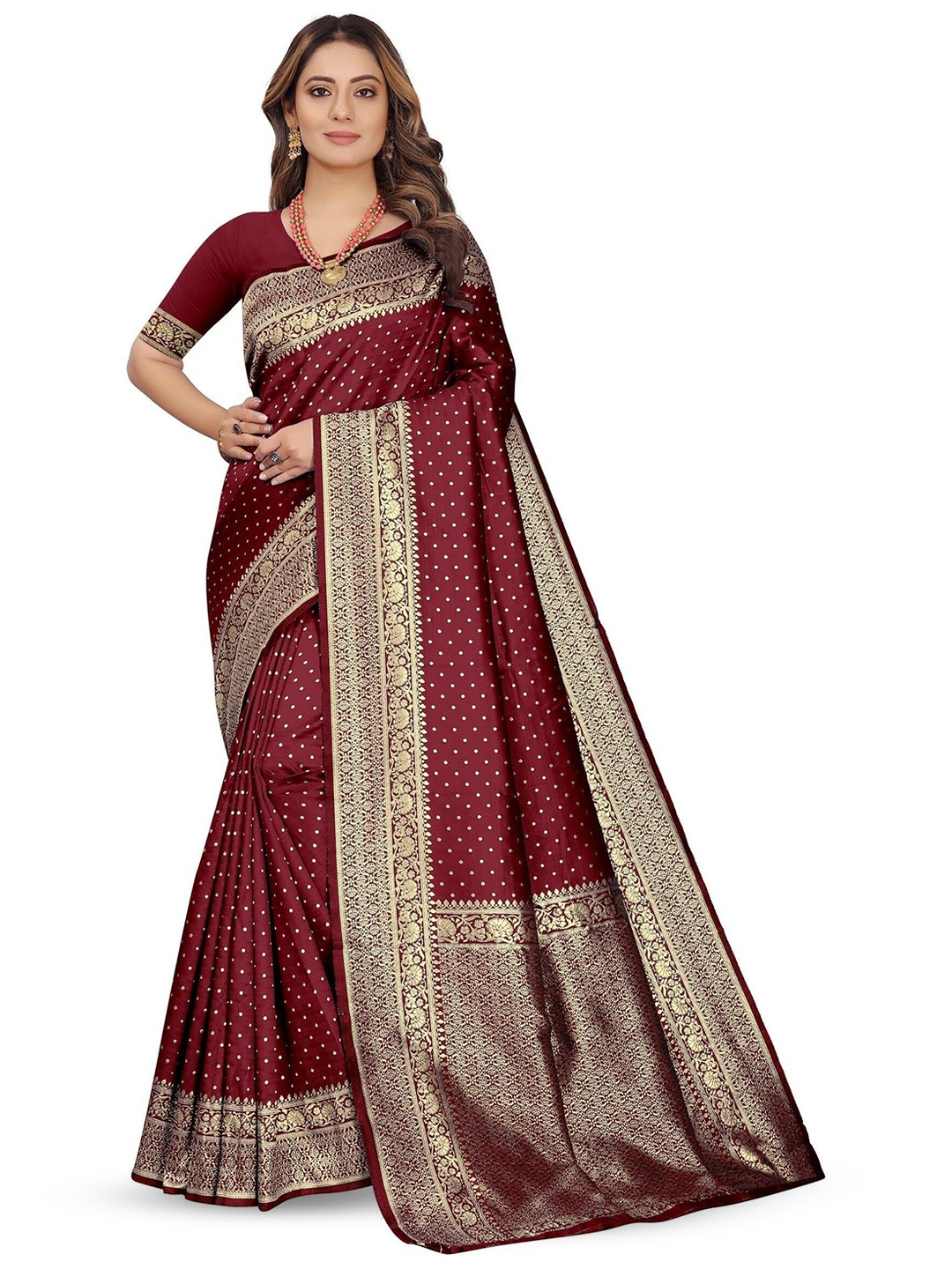 

QENY Woven Design Zari Banarasi Saree, Maroon