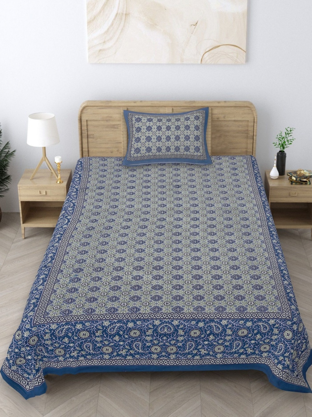 

Texstylers Blue & Green Floral Printed 140 TC Cotton Single Bedsheet with 1 Pillow Covers