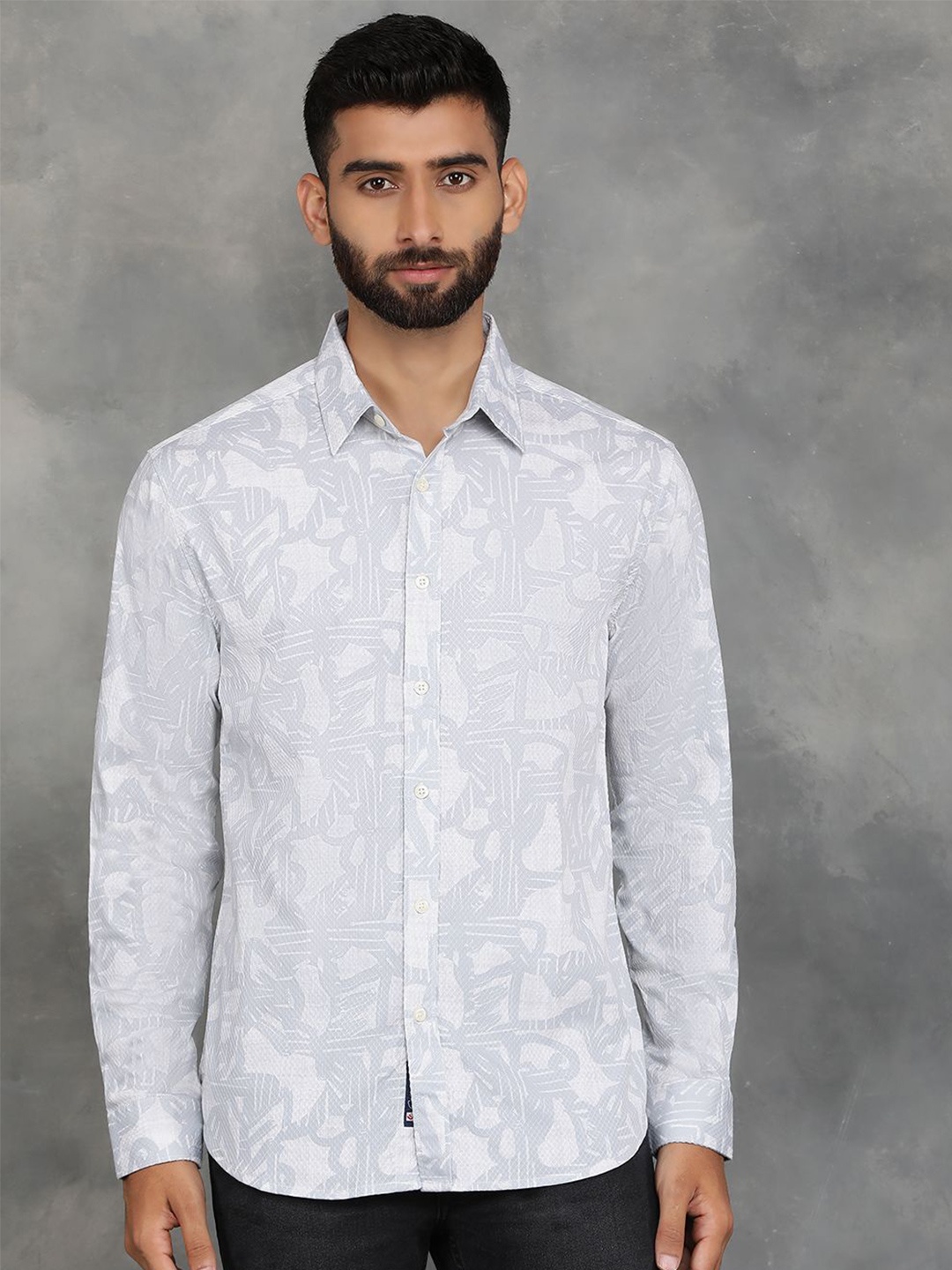 

Greenfibre Men Spread Collar Abstract Printed Cotton Slim Fit Casual Shirt, Grey
