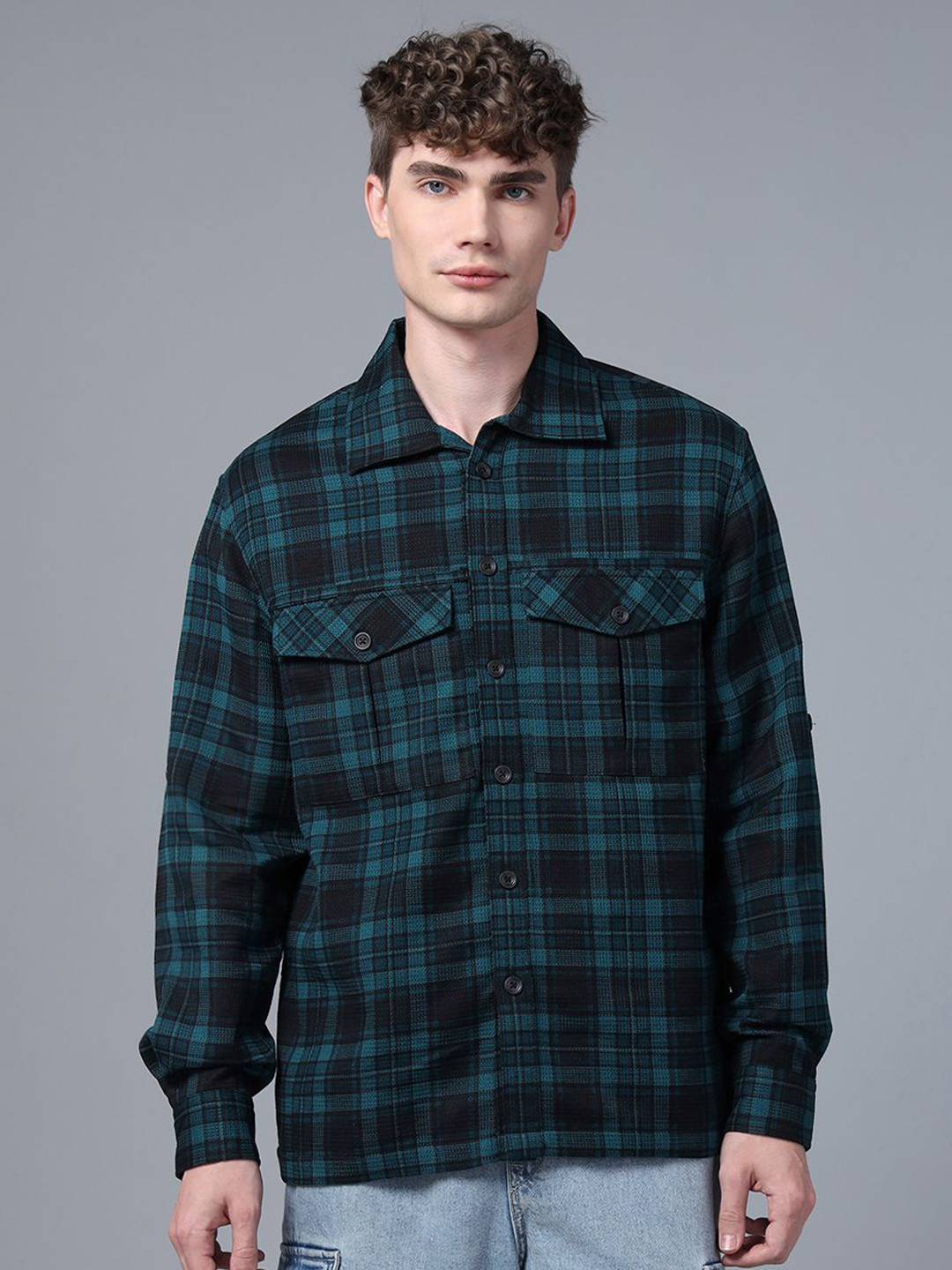 

DON VINO Men Comfort Spread Collar Tartan Checked Cotton Slim Fit Casual Shirt, Blue