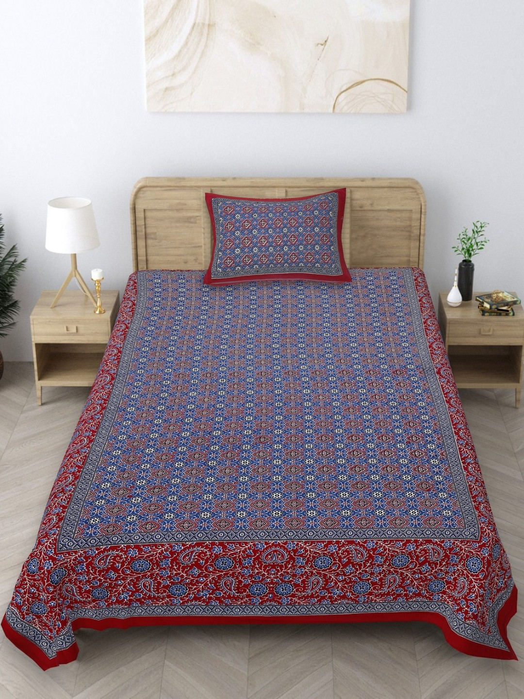 

Texstylers Maroon & Blue Floral Printed 140 TC Cotton Single Bedsheet with 1 Pillow Covers