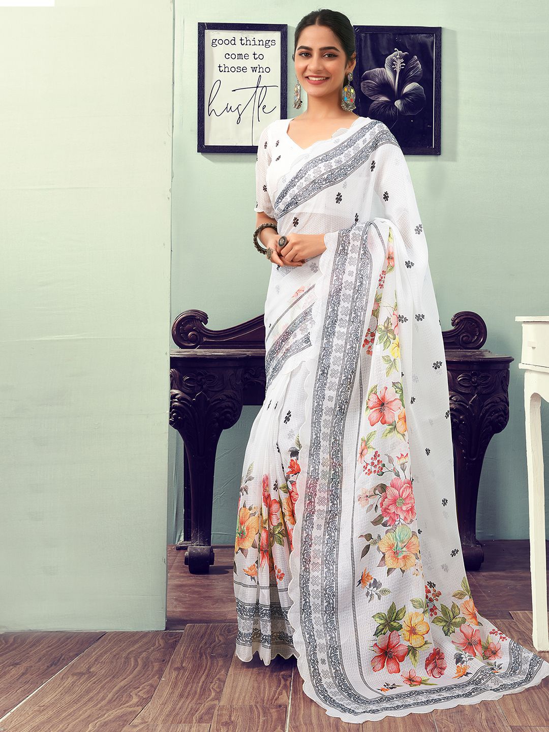 

Mitera Floral Dabu Saree, White
