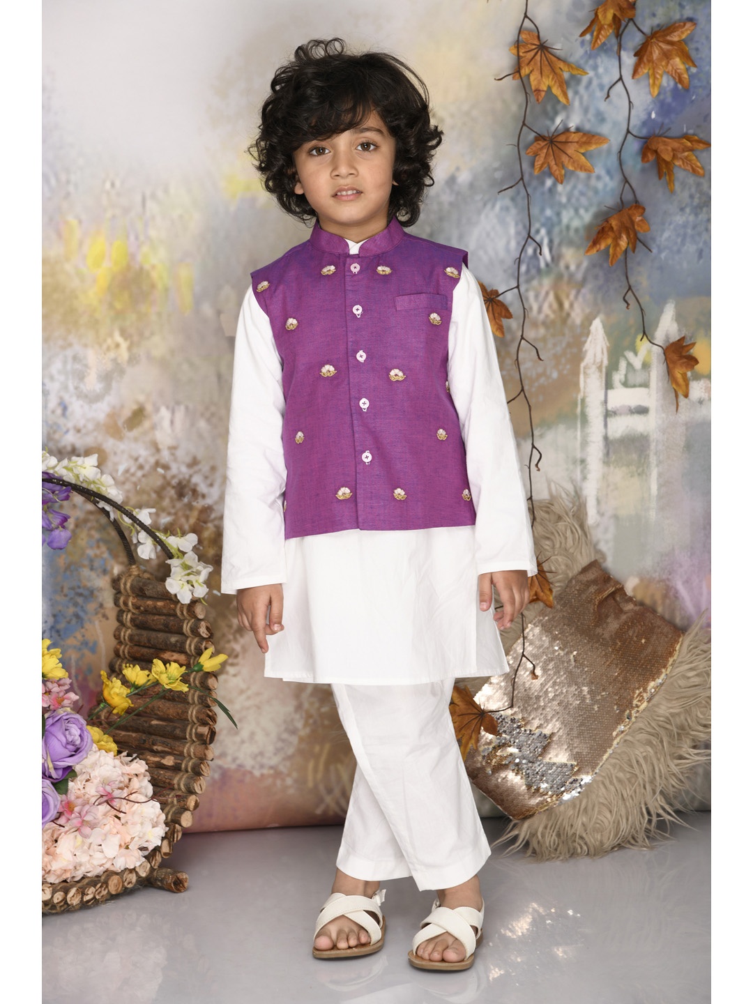 

MUDKID Boys Pure Cotton Kurta & Pyjamas With Jacket Set, Purple