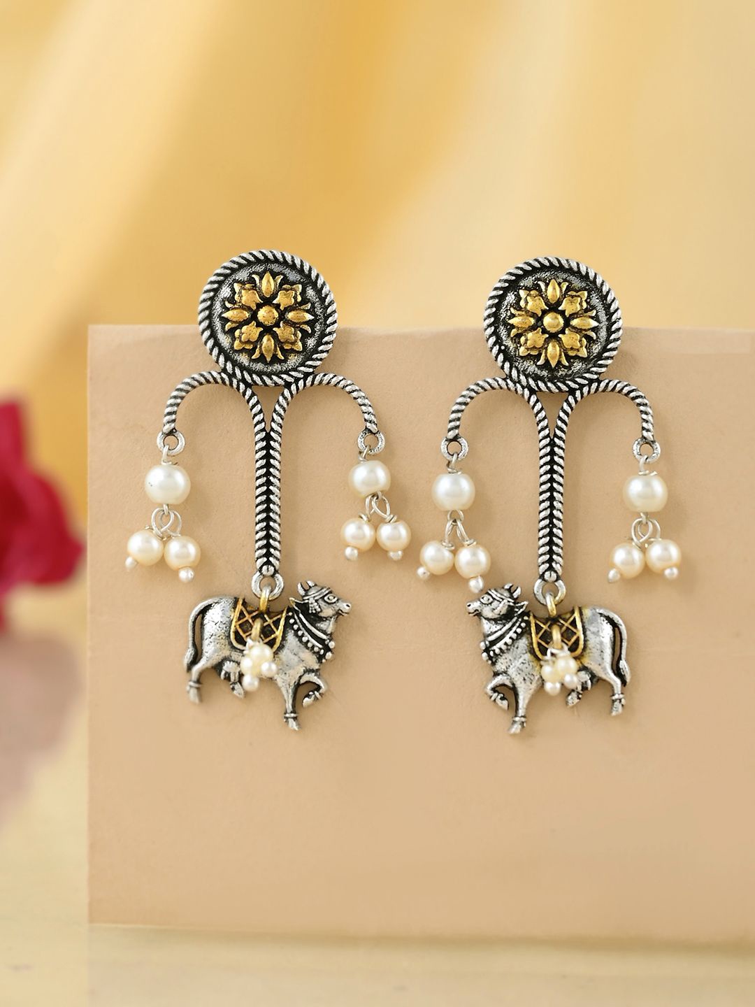 

Voylla Qasbah Silver-Plated Beaded Nandi Animal Shaped Drop Earrings