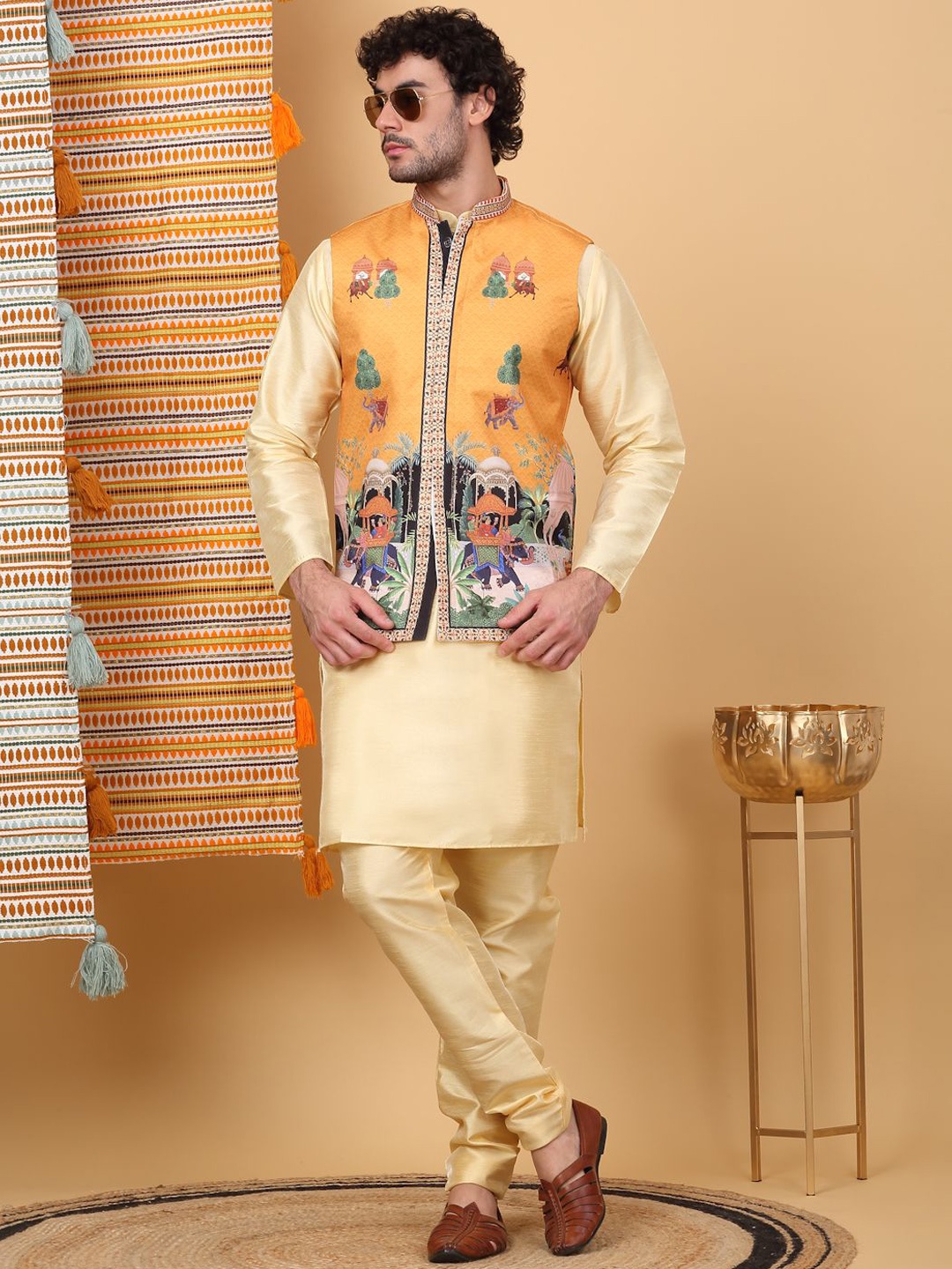 

KRAFT INDIA LUXE Mandarin Collar Straight Kurta with Churidar & Ethnic Motifs Nehru Jacket, Beige