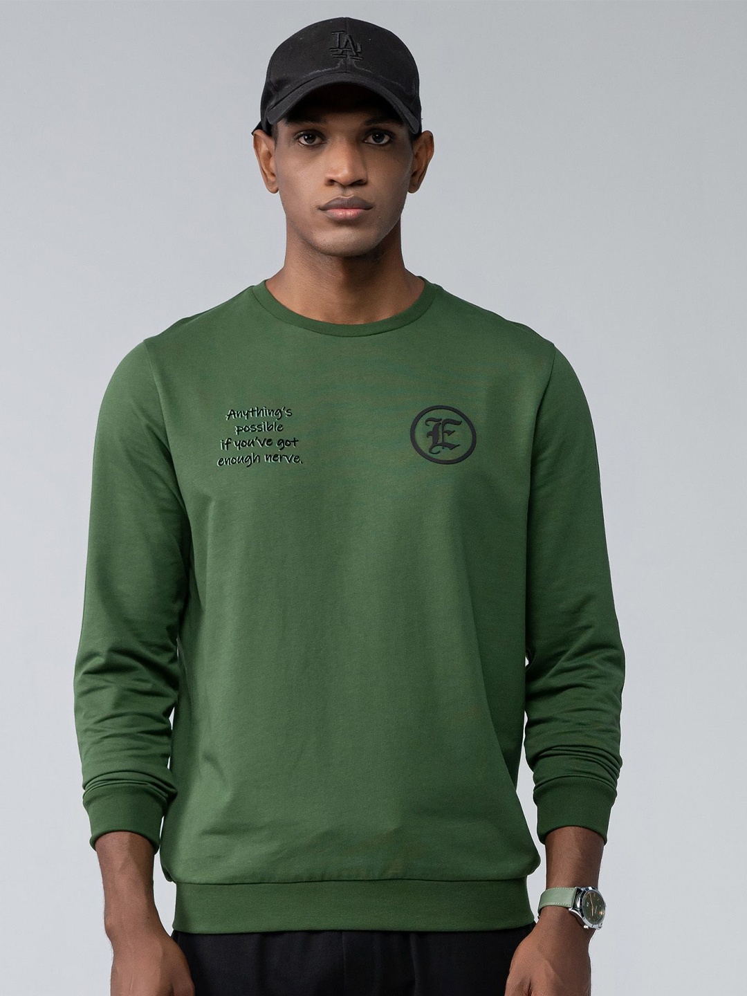 

EDRIO Men Typography Printed Round Neck Cotton Pullover Sweatshirt, Olive