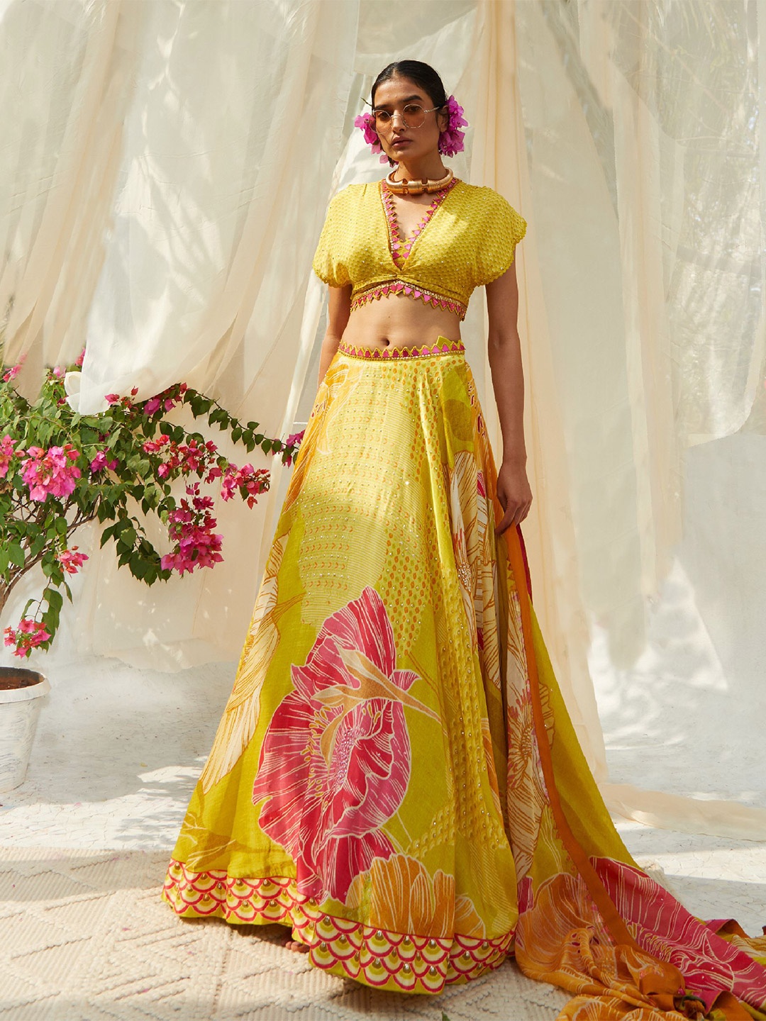 

Basil leaf Printed Satin Made to Measure Lehenga & Blouse With Dupatta, Yellow