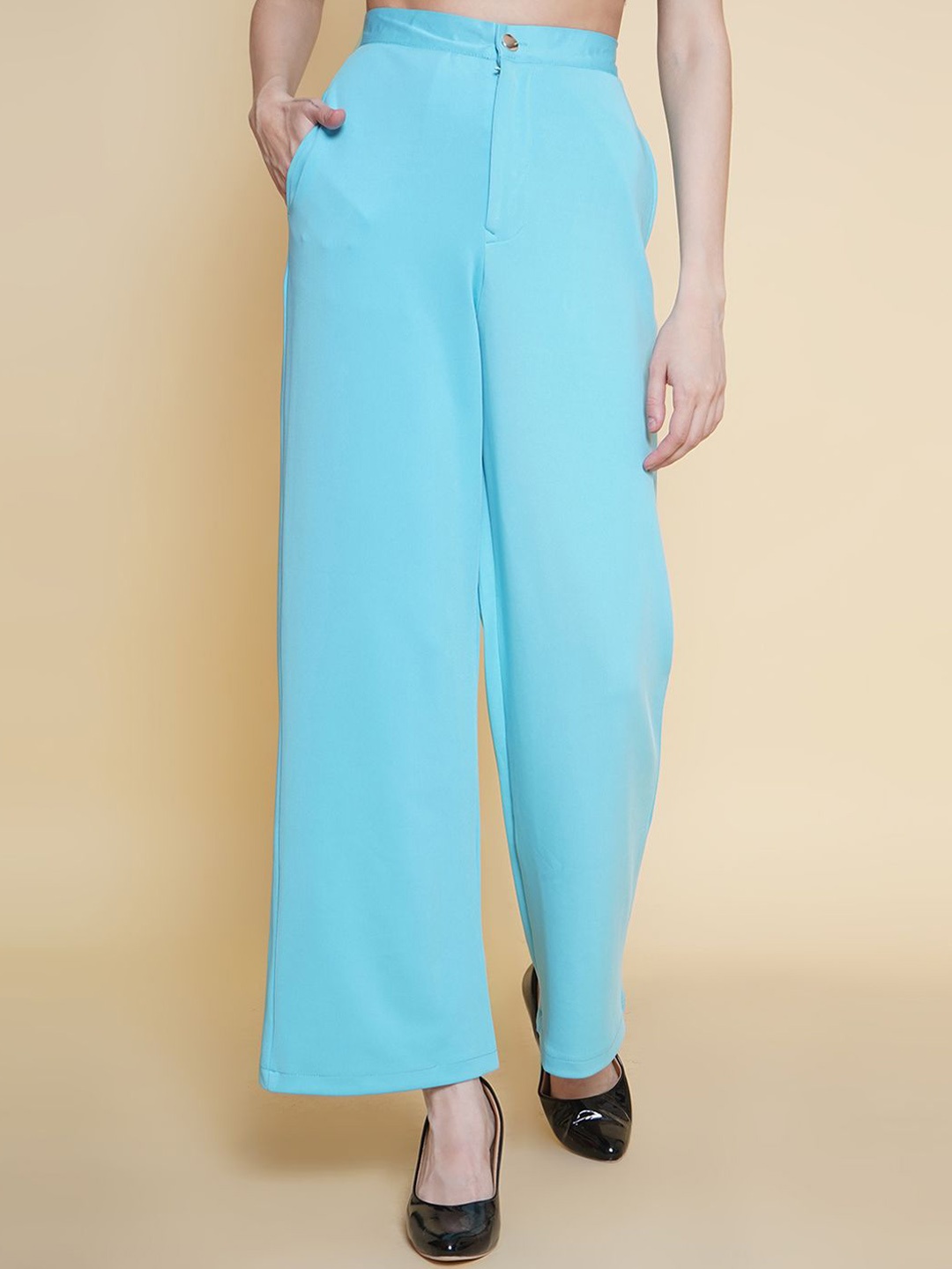 

KATLINE Women Solid Relaxed Trousers, Blue