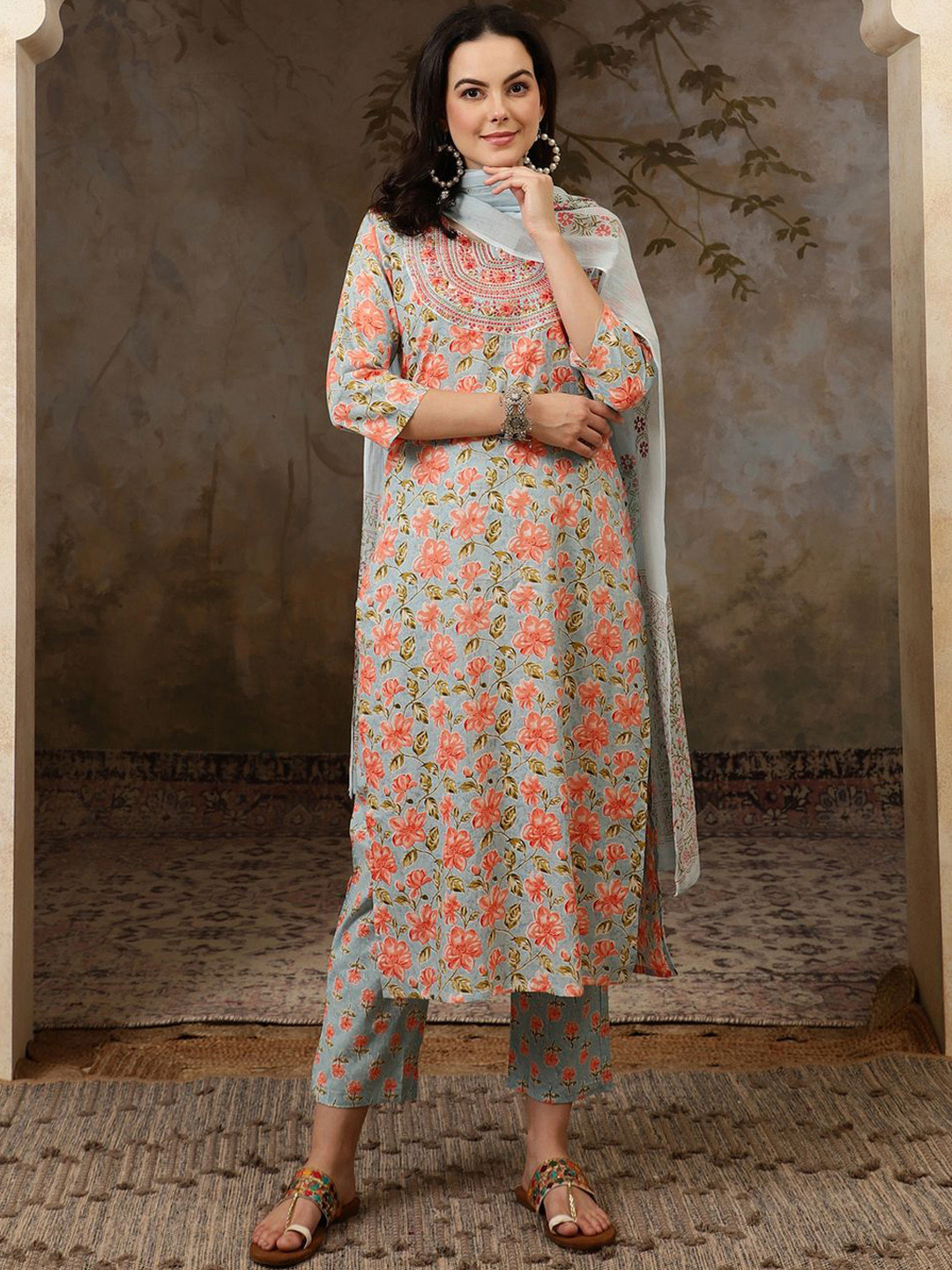 

BANDIA Floral Printed Sequinned Pure Cotton Kurta With Trousers & Dupatta, Blue
