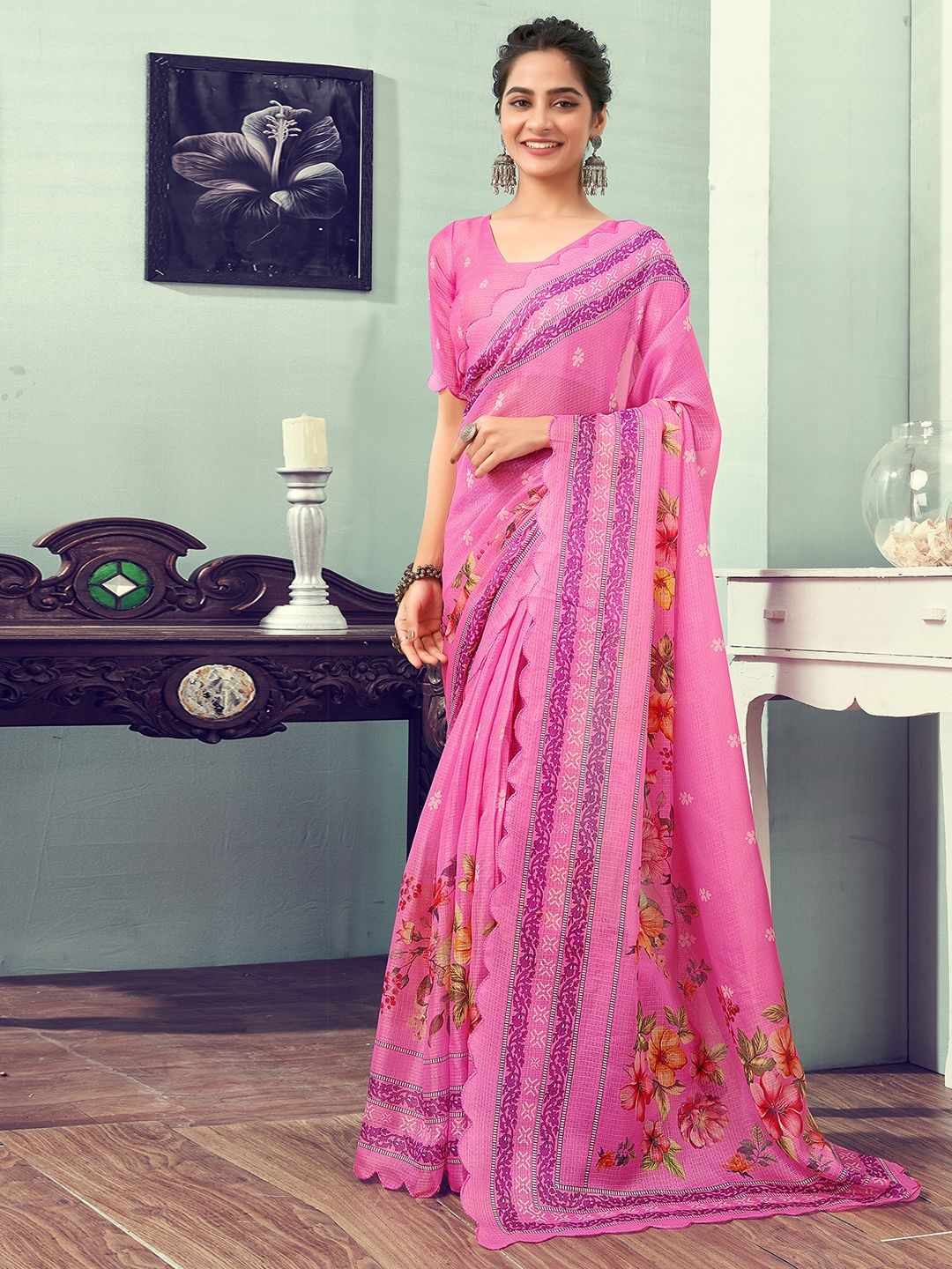 

Mitera Floral Printed Dabu Saree, Pink