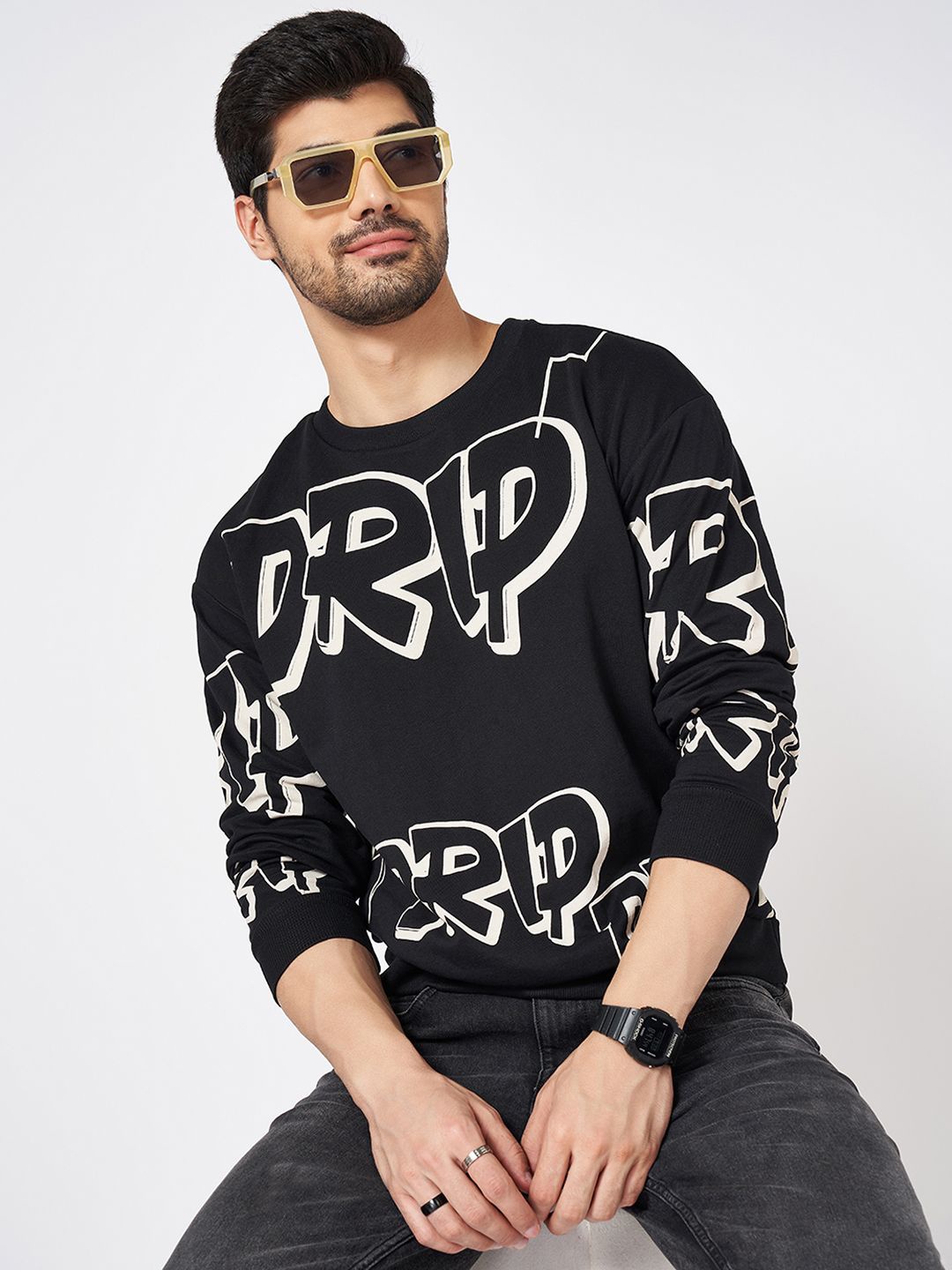 

People Men Typography Printed Round Neck Cotton Pullover Sweatshirt, Black