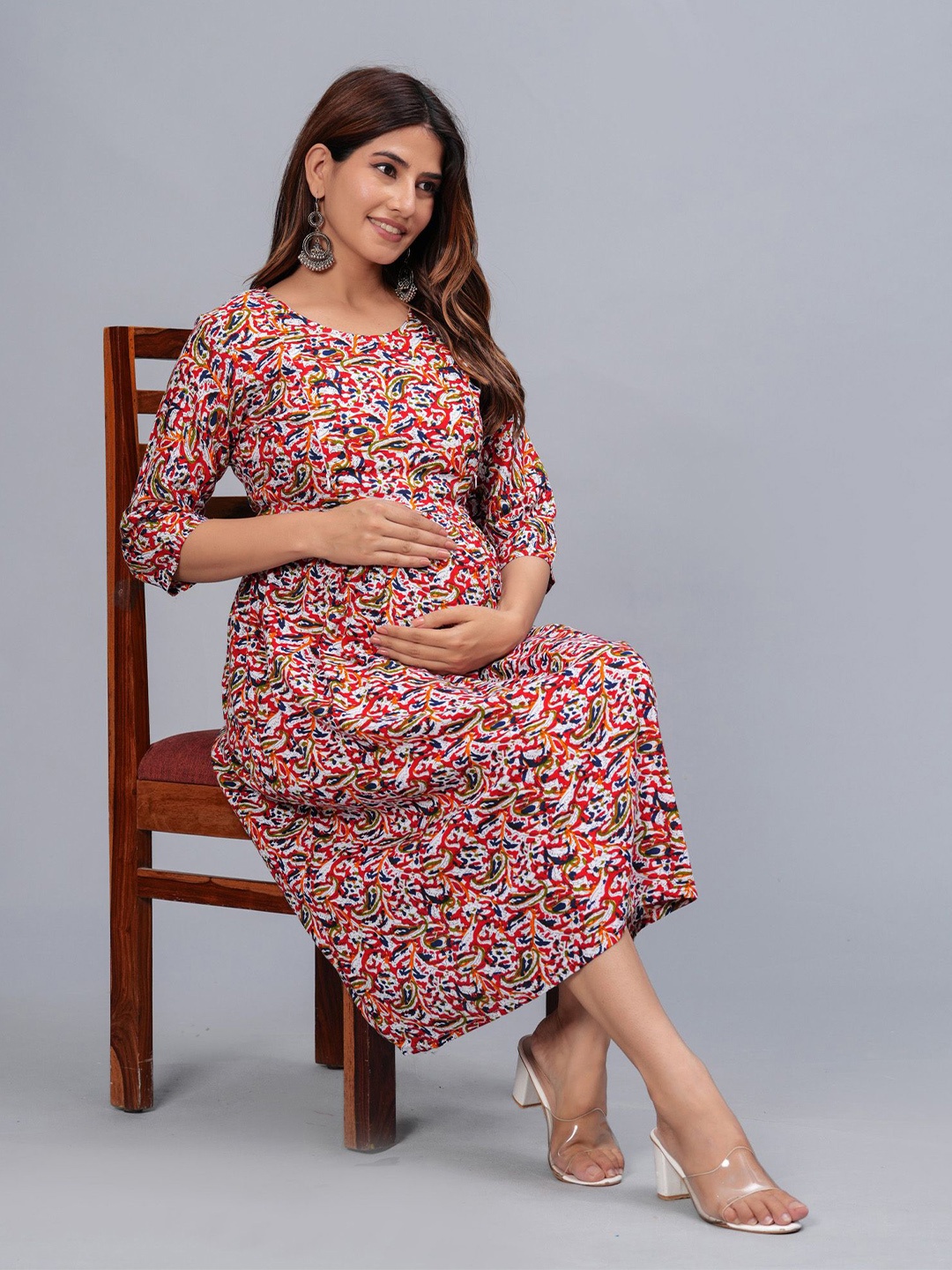 

BAESD Ethnic Motifs Printed Maternity Fit & Flare Dress, Red