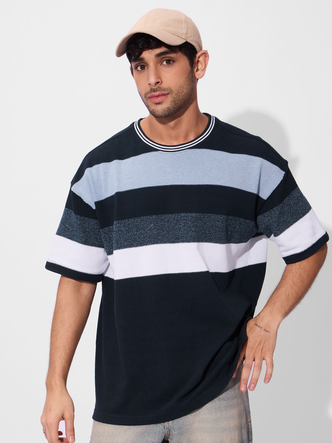 

The Souled Store Men Striped Round Neck Cotton Oversized T-shirt, Navy blue