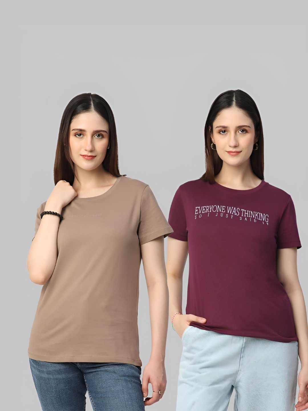 

R&B Women Pack Of 2 Solid Round Neck Cotton T-shirts, Khaki