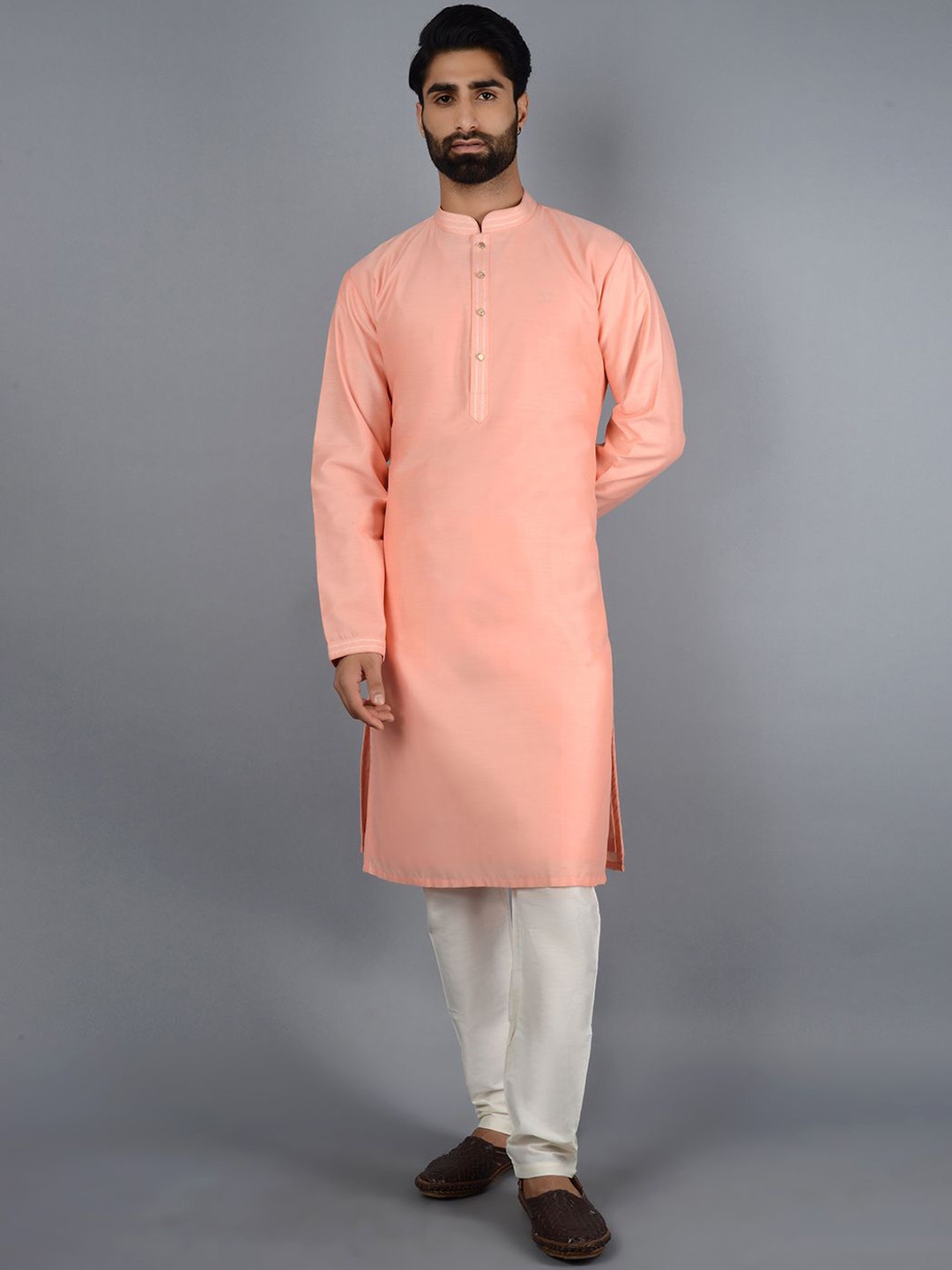 

azania Mandarin Collar Long Sleeves Straight Kurta with Pyjamas, Peach