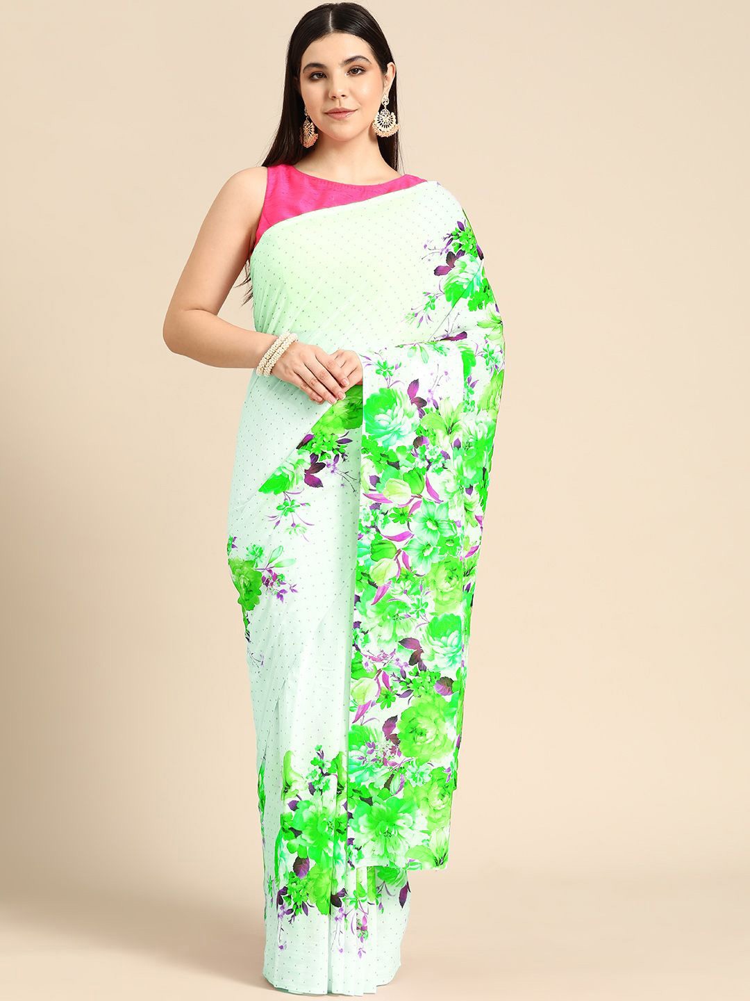 

BUTA BUTI Floral Pure Cotton Saree, Green