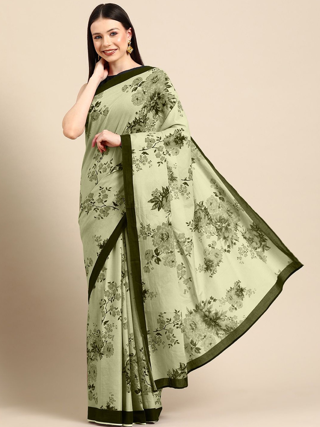 

BUTA BUTI Floral Printed Pure Cotton Saree, Olive