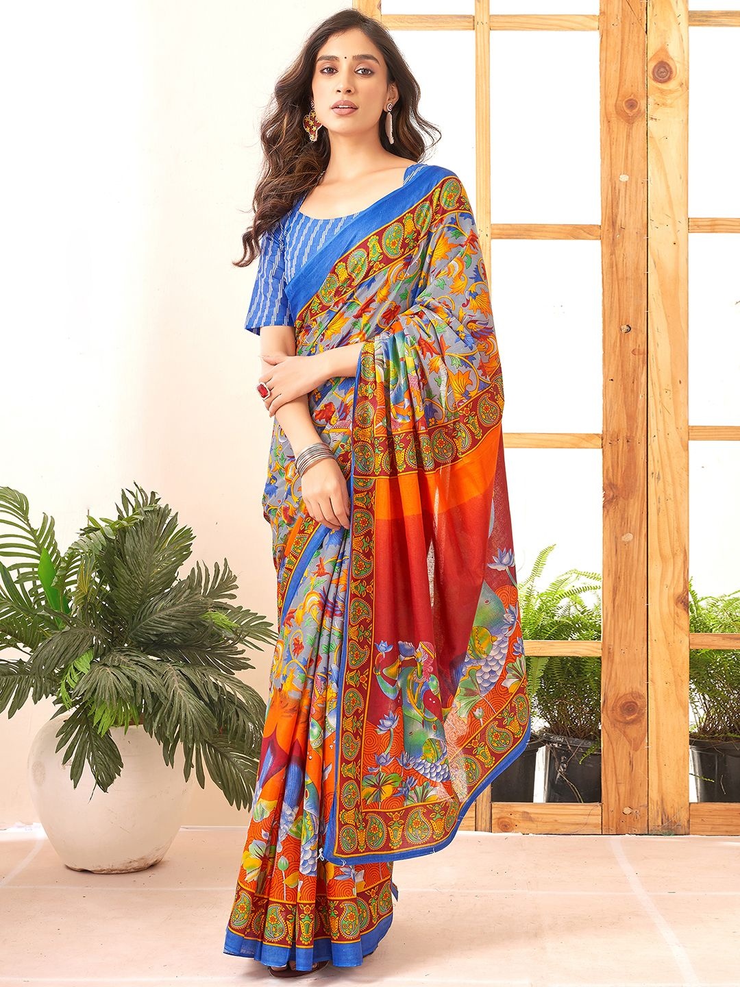 

Mitera Kalamkari Printed Pure Cotton Ikat Saree, Orange