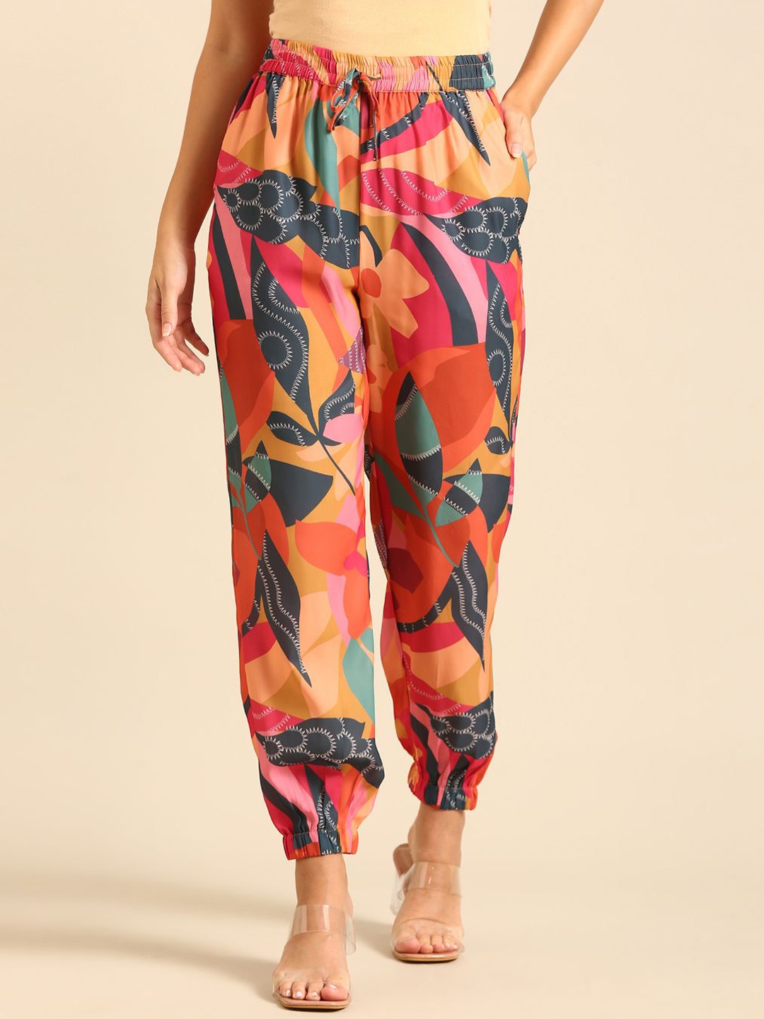 

De Moza Women Floral Printed Joggers Trousers, Yellow