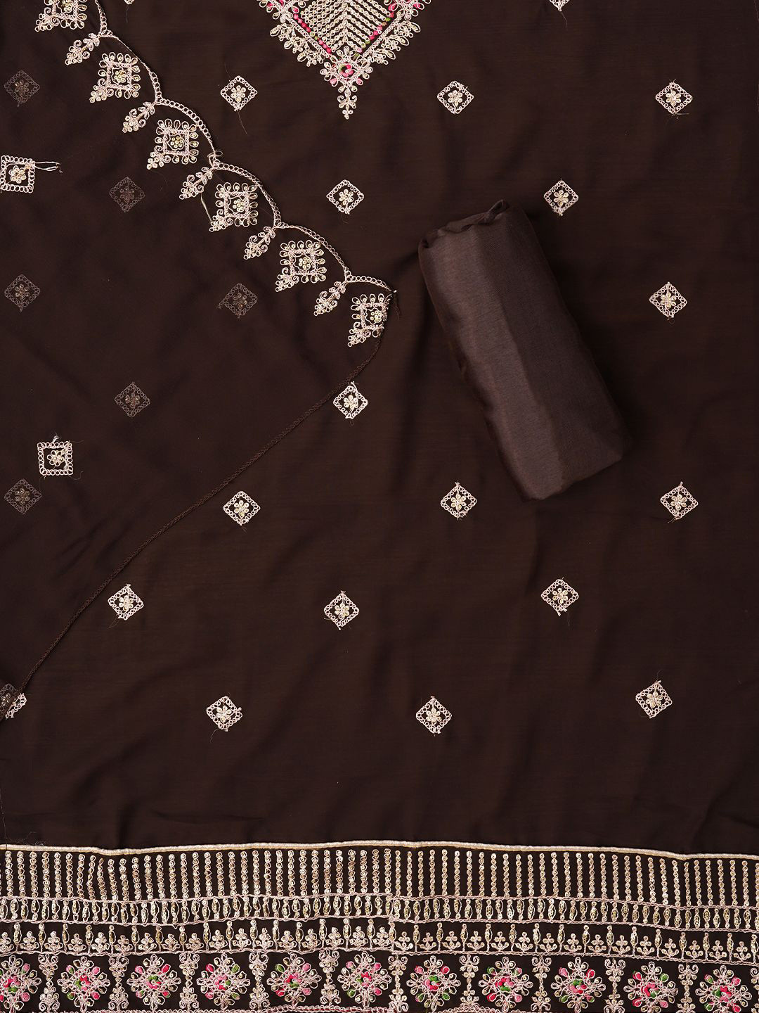 

Jaipur Kurti Zari Silk Georgette Dress Material with Dupatta, Brown
