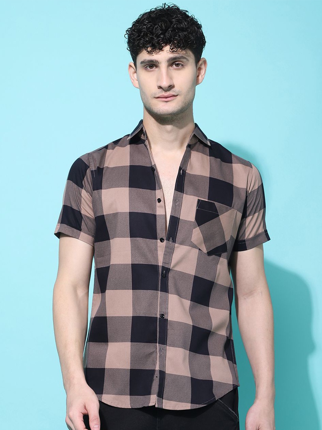 

Voroxy Men New Spread Collar Tartan Checked Cotton Casual Shirt, Brown