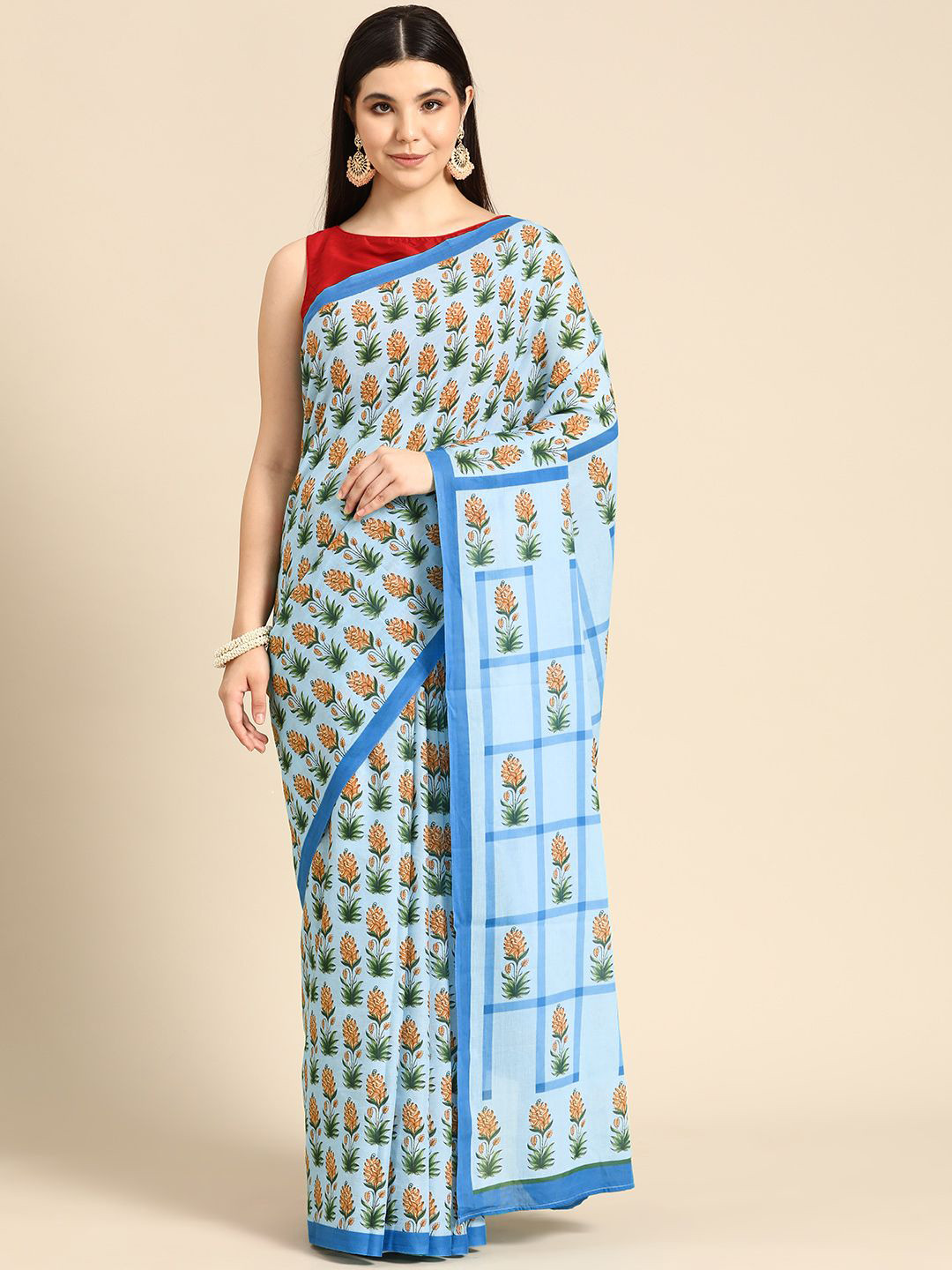 

BUTA BUTI Ethnic Motifs Printed Pure Cotton Saree, Blue