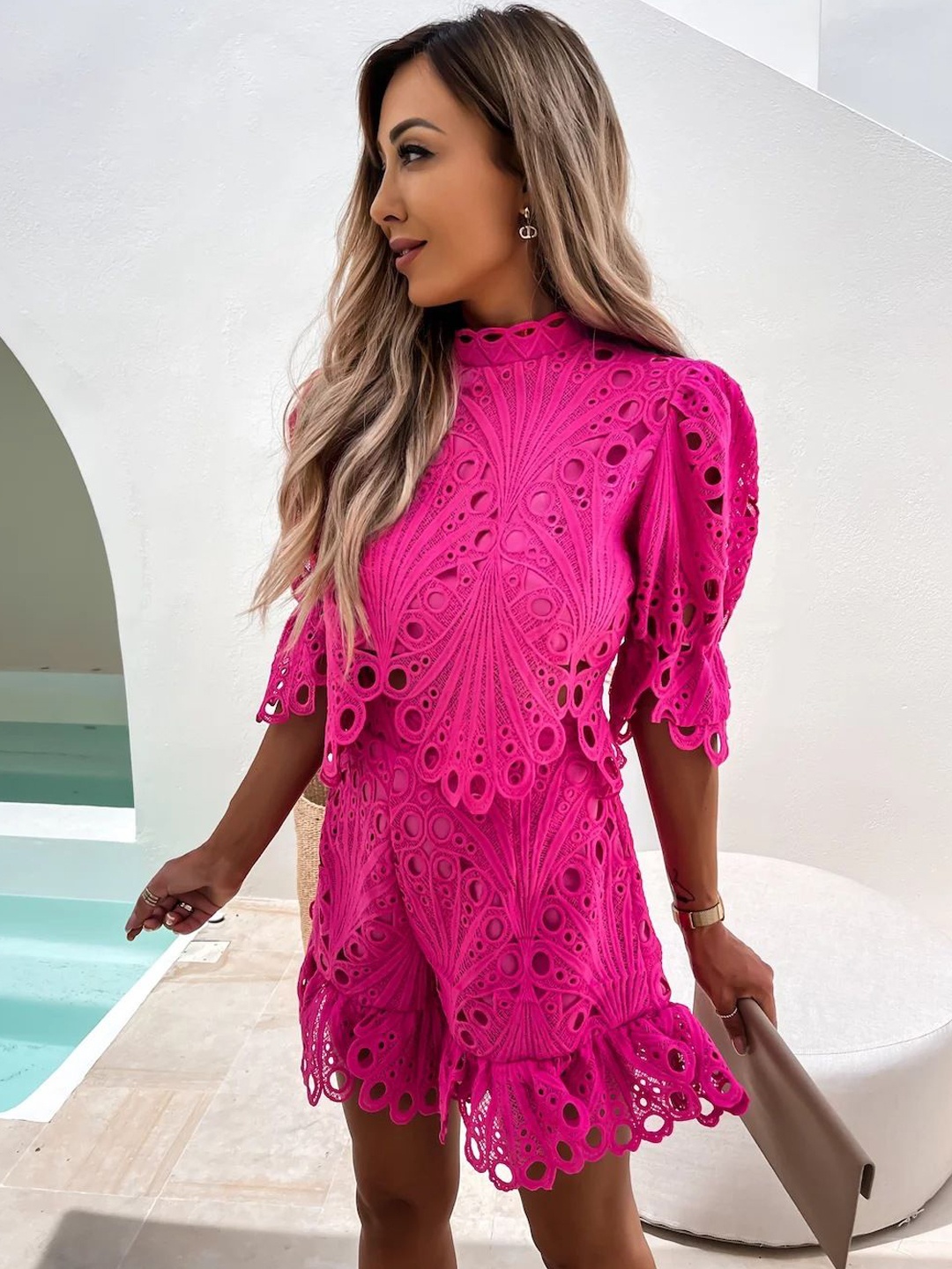 

MIAKEE Self Design High Neck Top With Shorts, Pink