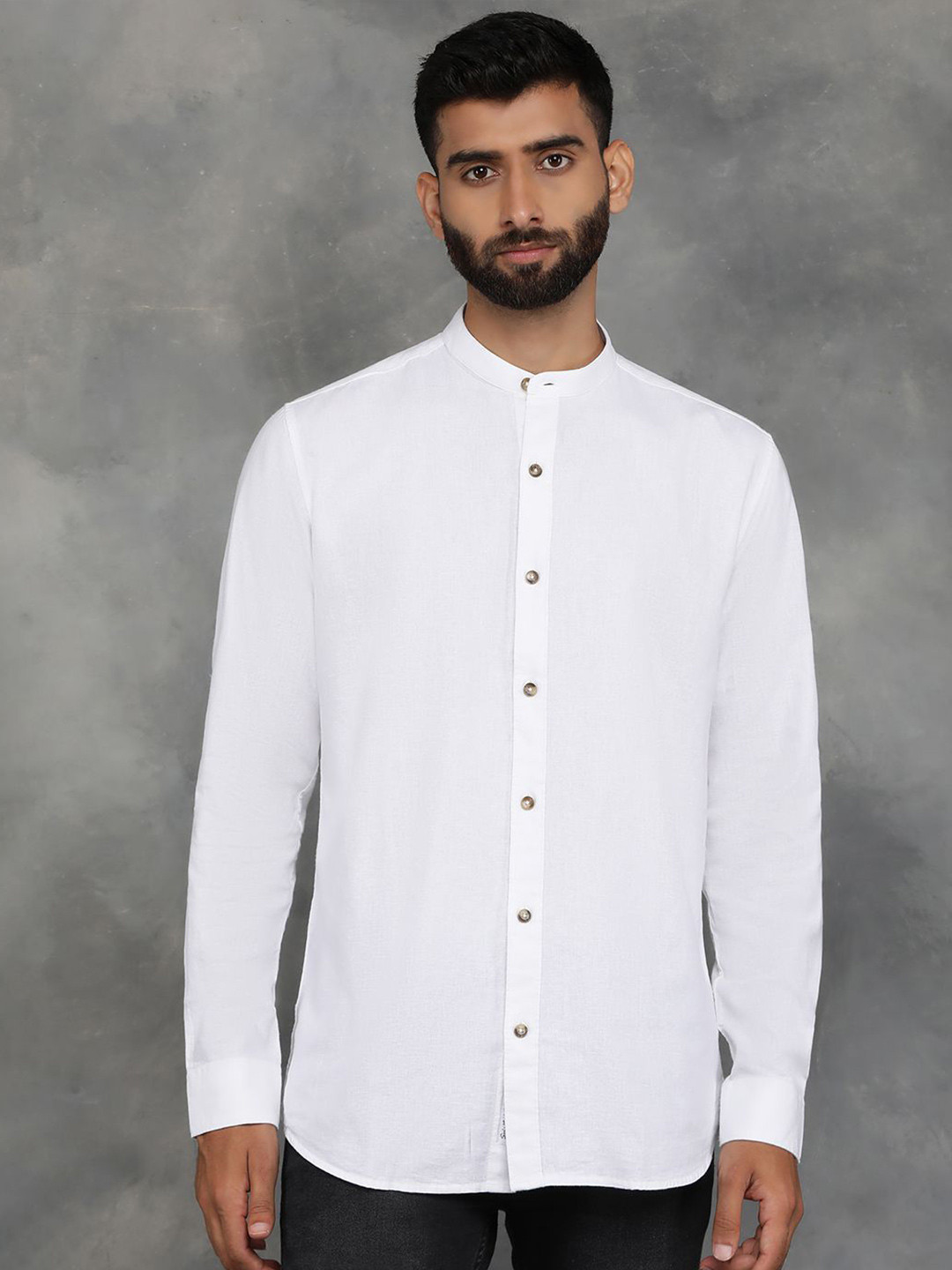 

JADE BLUE Men Band Collar Solid Linen Slim Fit Casual Shirt, White