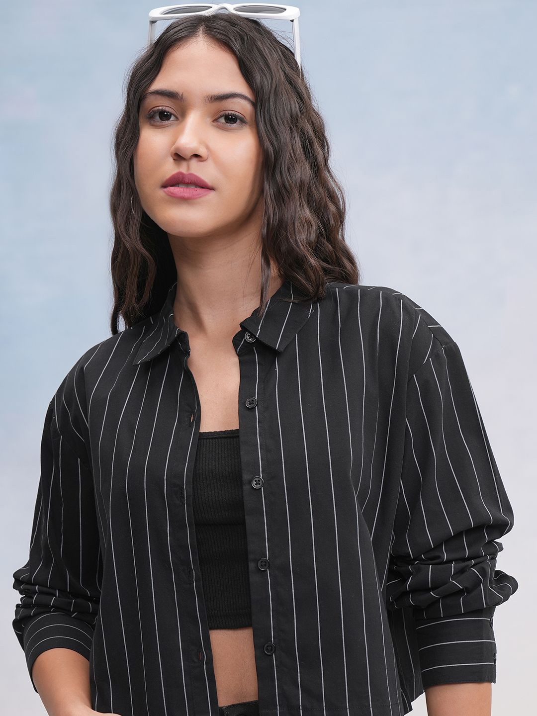 

Street By Tokyo Talkies Women Striped Button Down Crop Shirt, Black