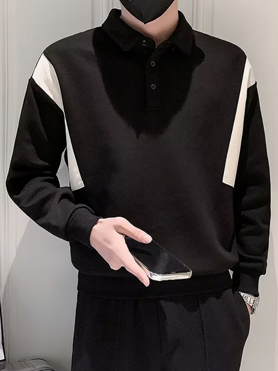 

StyleCast x Revolte Men Solid Shirt Collar Pullover Sweatshirt, Black