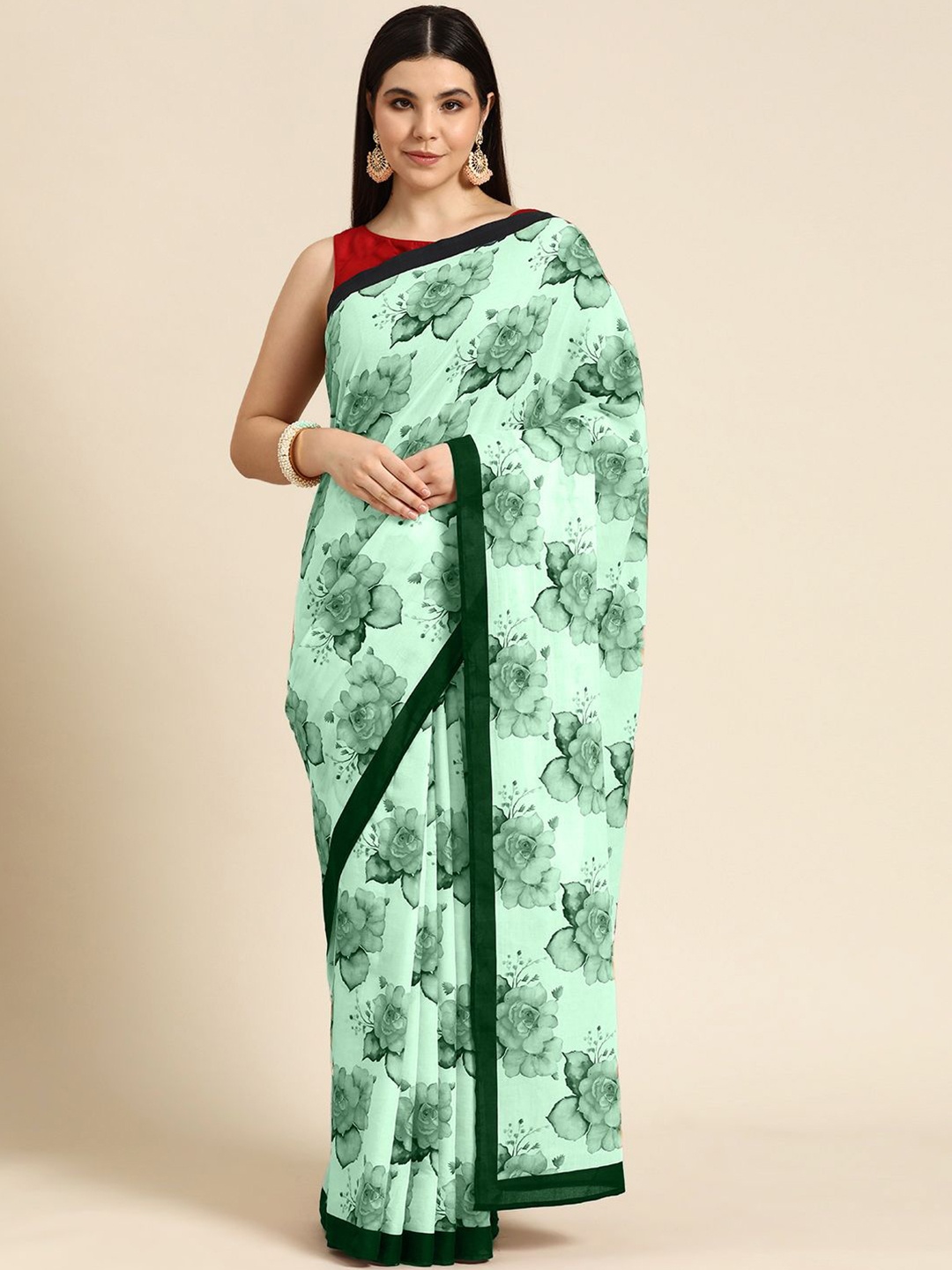

BUTA BUTI Floral Printed Pure Cotton Saree, Green