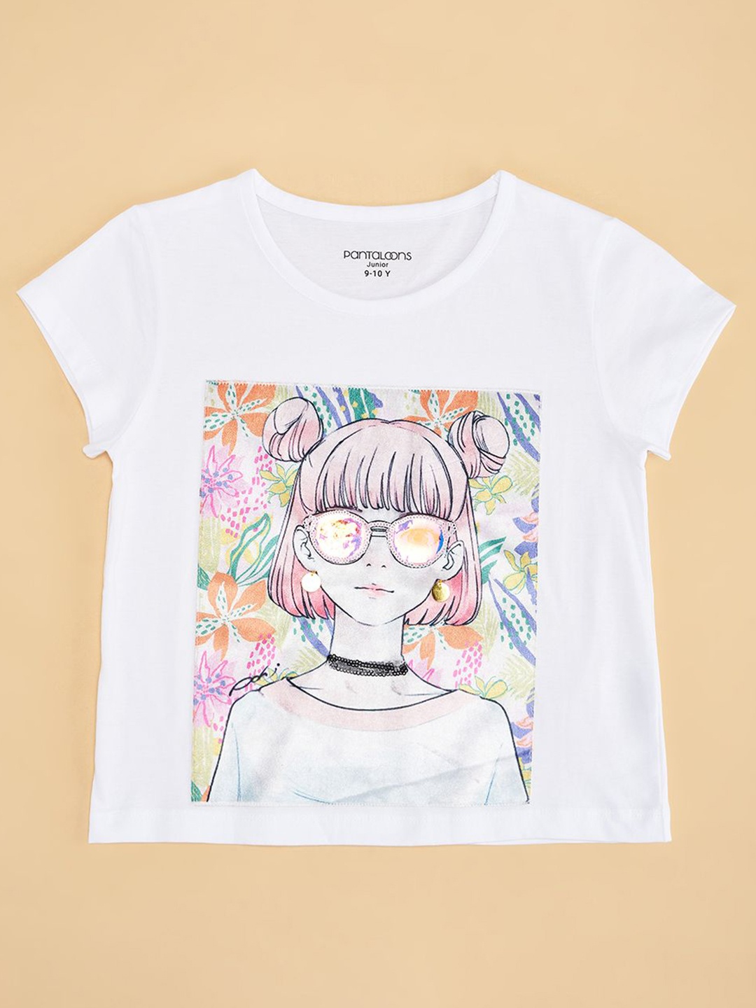 

Pantaloons Junior Girls Graphic Printed Round Neck Cotton T-shirt, Off white