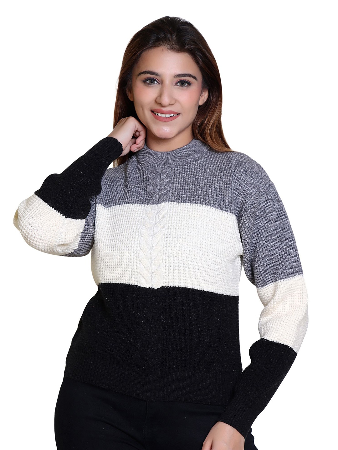 

LEZA Women Colourblocked Pullover, White