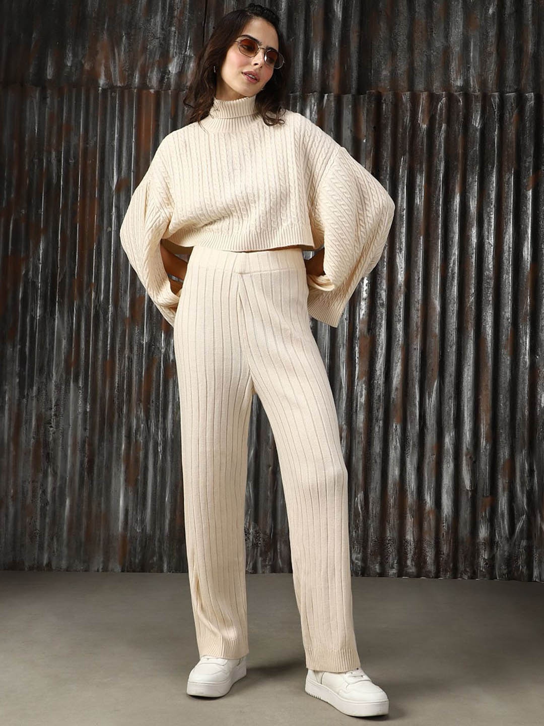 

High Star Self Design Acrylic Sweater With Trouser, White