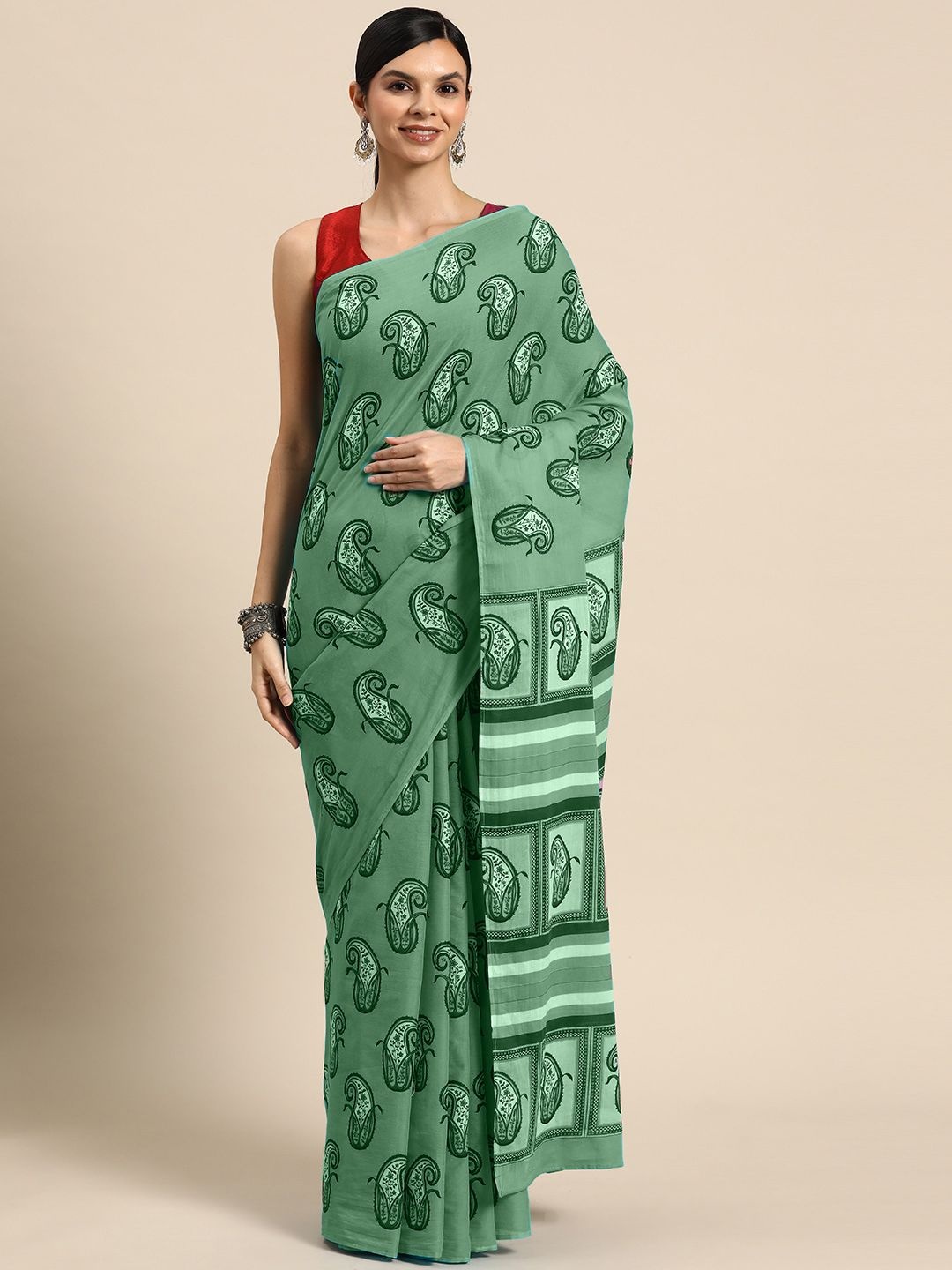 

BUTA BUTI Paisley Printed Pure Cotton Saree, Green