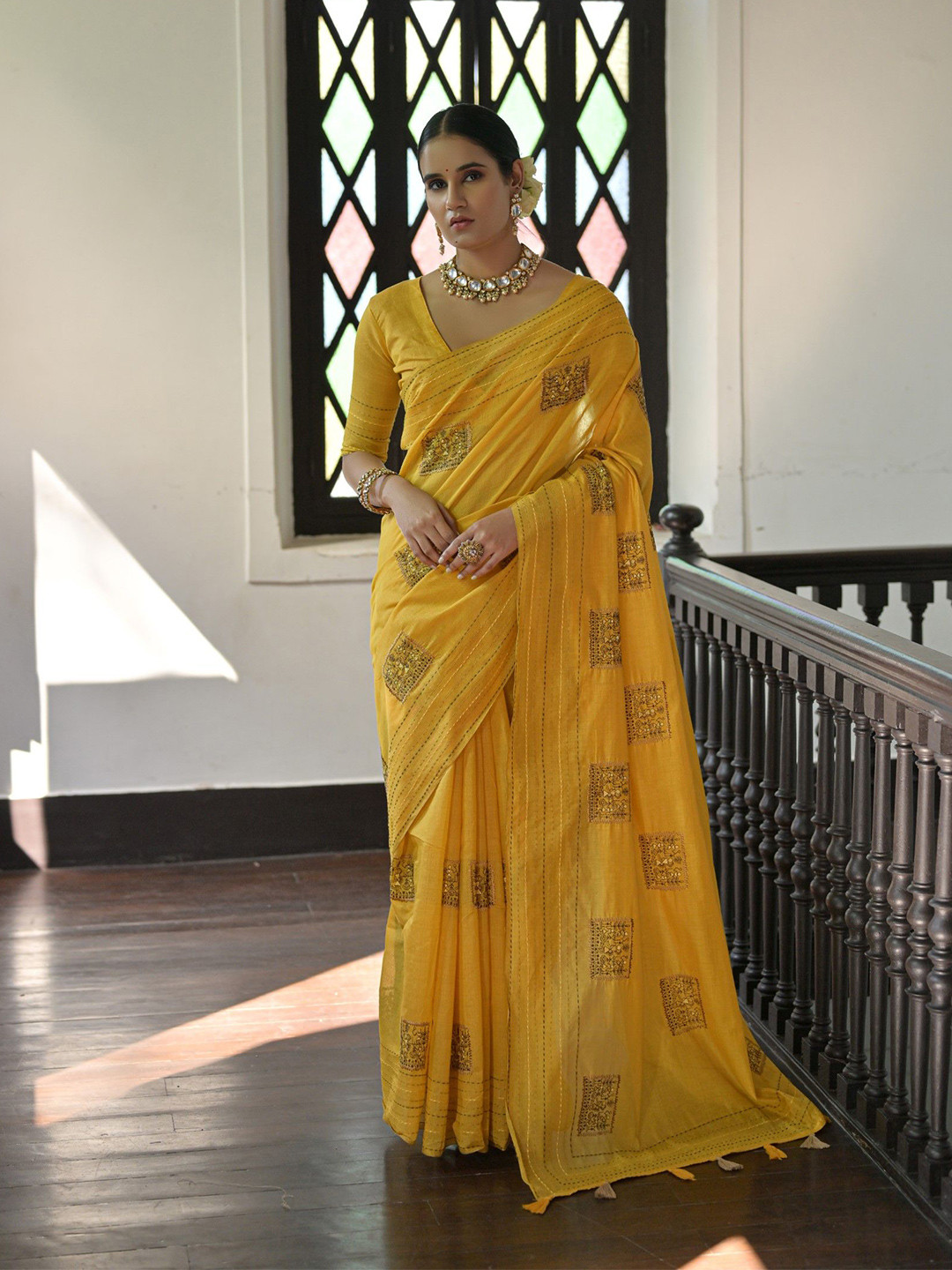 

Kandora Ethnic Motifs Embroidered Pure Silk Saree, Yellow