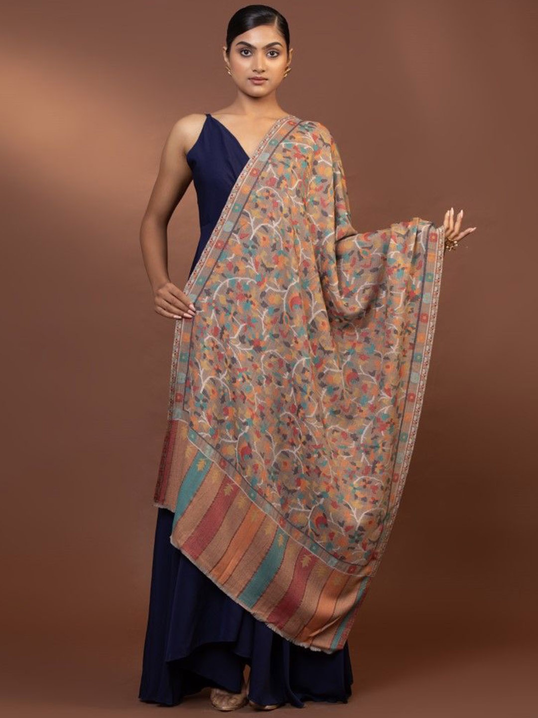 

MODARTA Floral Printed Woollen Shawl, Beige