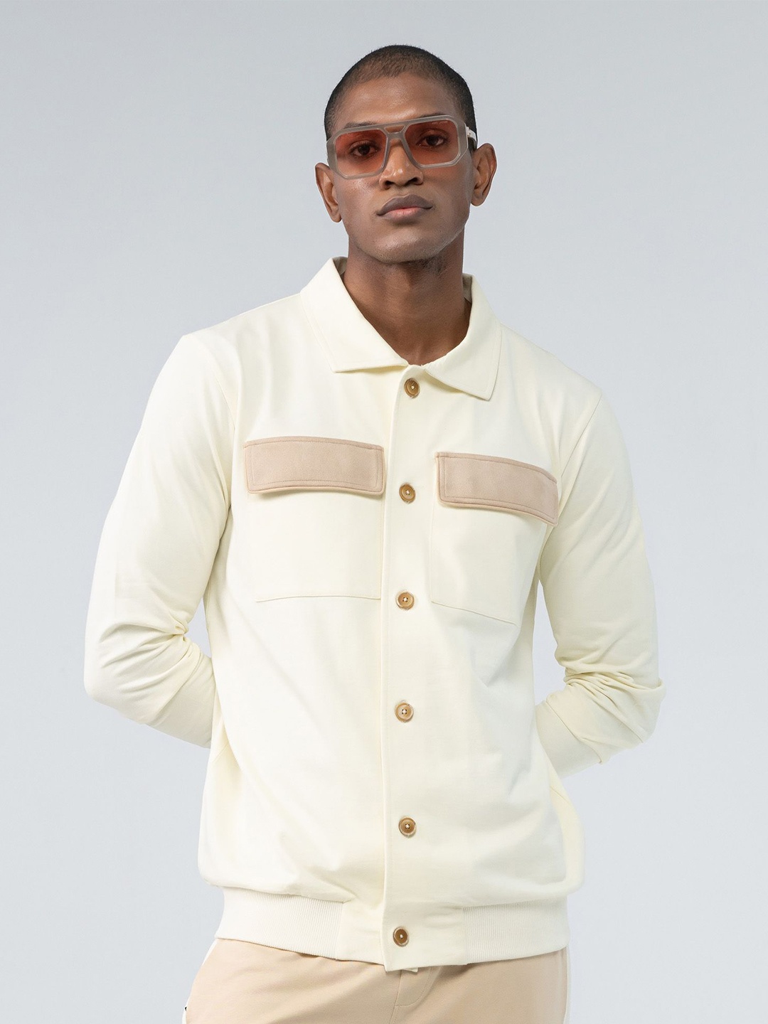 

EDRIO Men Long Sleeves Cotton Shacket, Off white