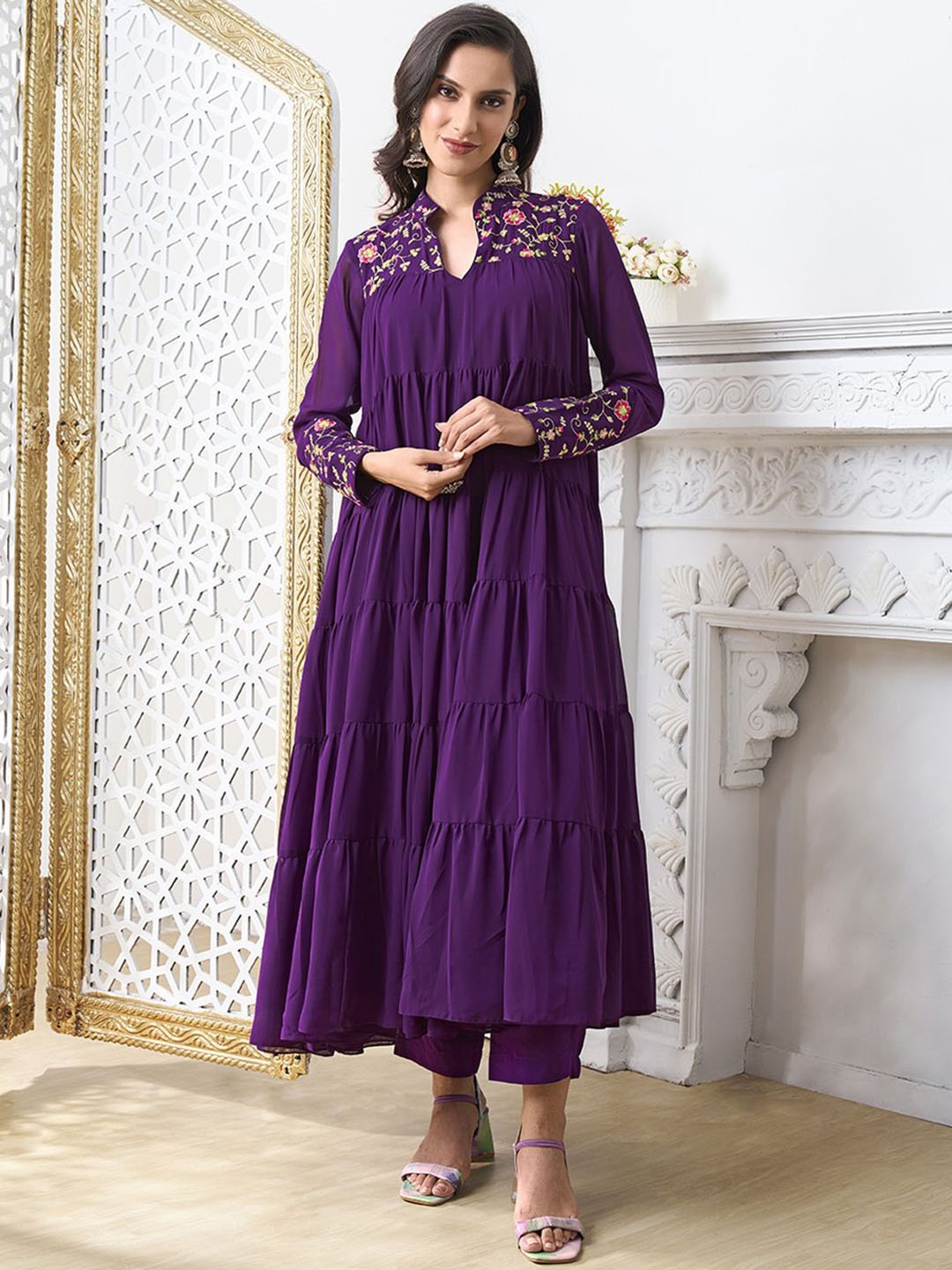 

Inddus Floral Embroidered Mandarin Collar Tiered Thread Work A-Line Kurta with Trousers, Purple